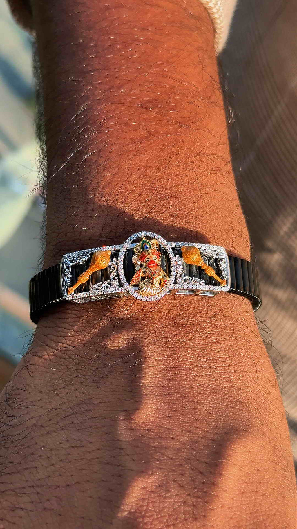 Solid Gold And 925 Sterling Silver Kashtbhanjan Hanumanji Bracelet with Moissanite Diamond