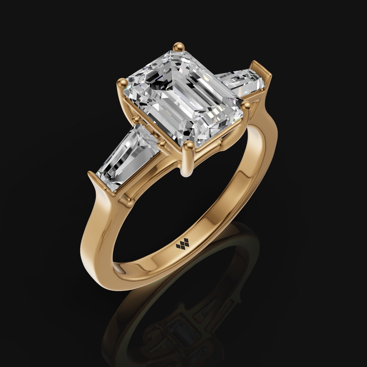 925 Silver Emerald-Cut Solitaire Moissanite Ring with Tapered Baguette