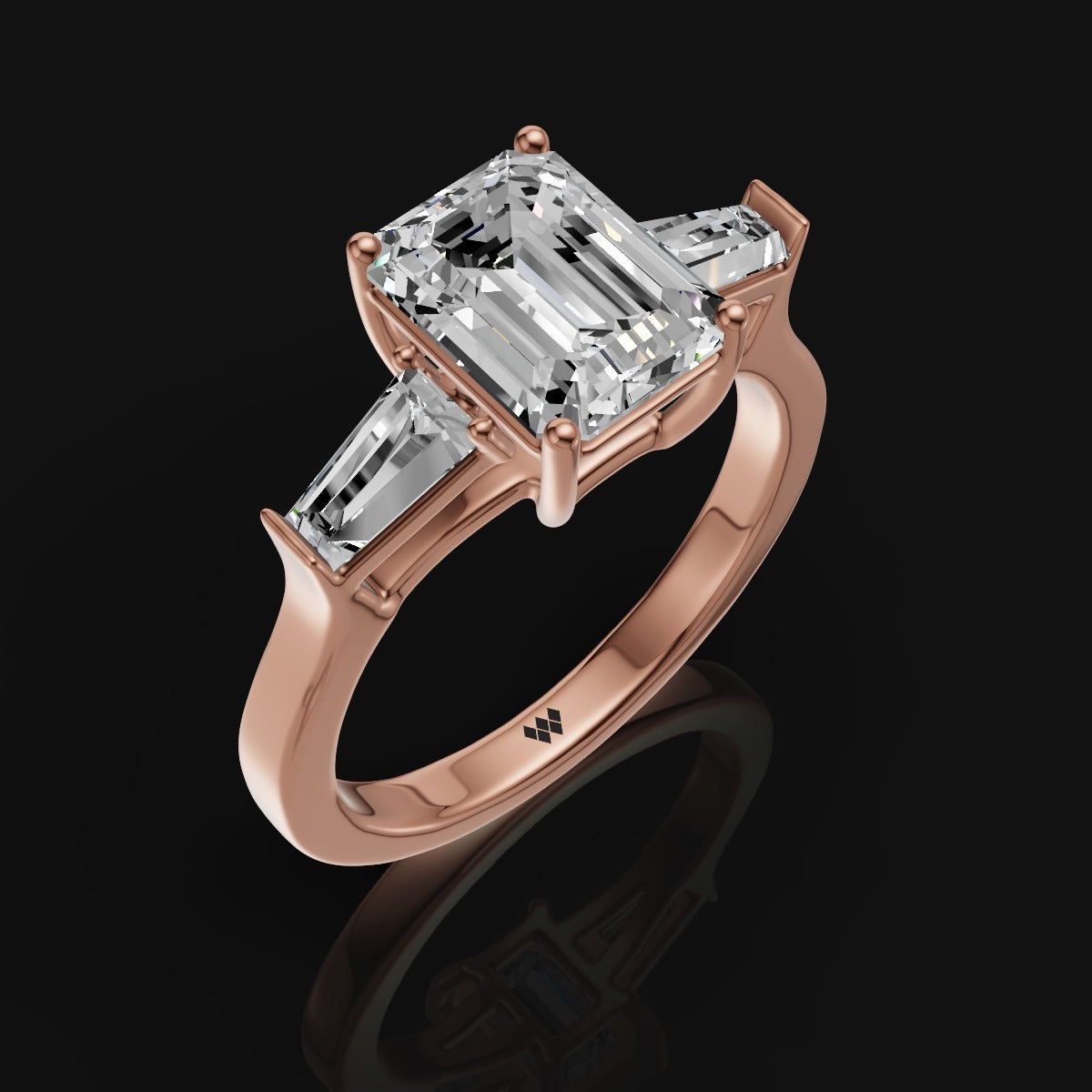 925 Silver Emerald-Cut Solitaire Moissanite Ring with Tapered Baguette