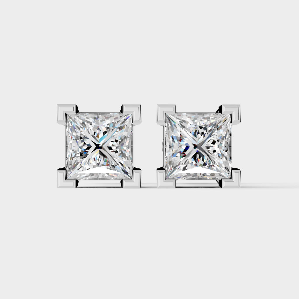 925 Sterling Silver Princess Shaped Moissanite Diamond Square Prong Setting Earring ( 1 Pair )