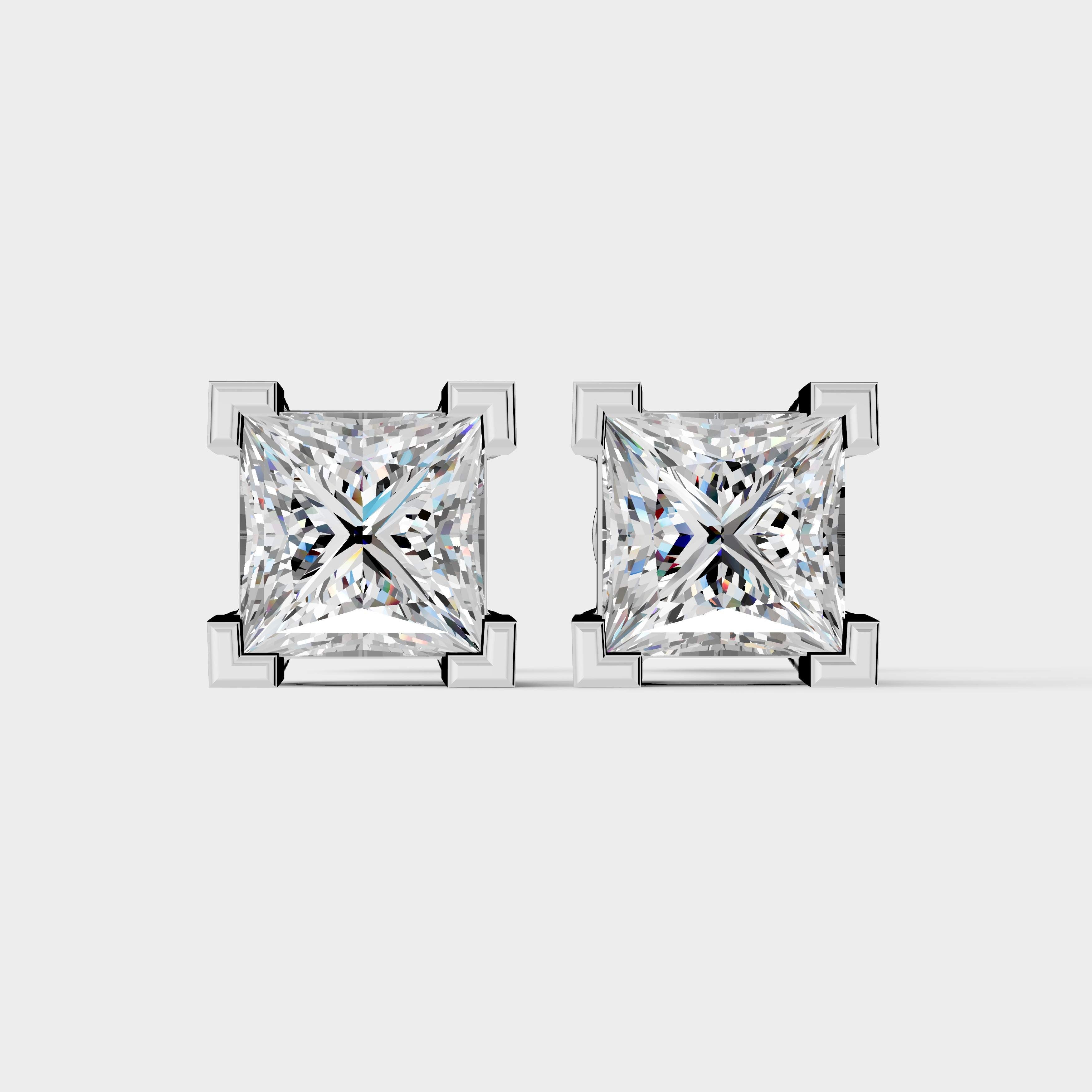 925 Sterling Silver Princess Shaped Moissanite Diamond Square Prong Setting Earring ( 1 Pair )