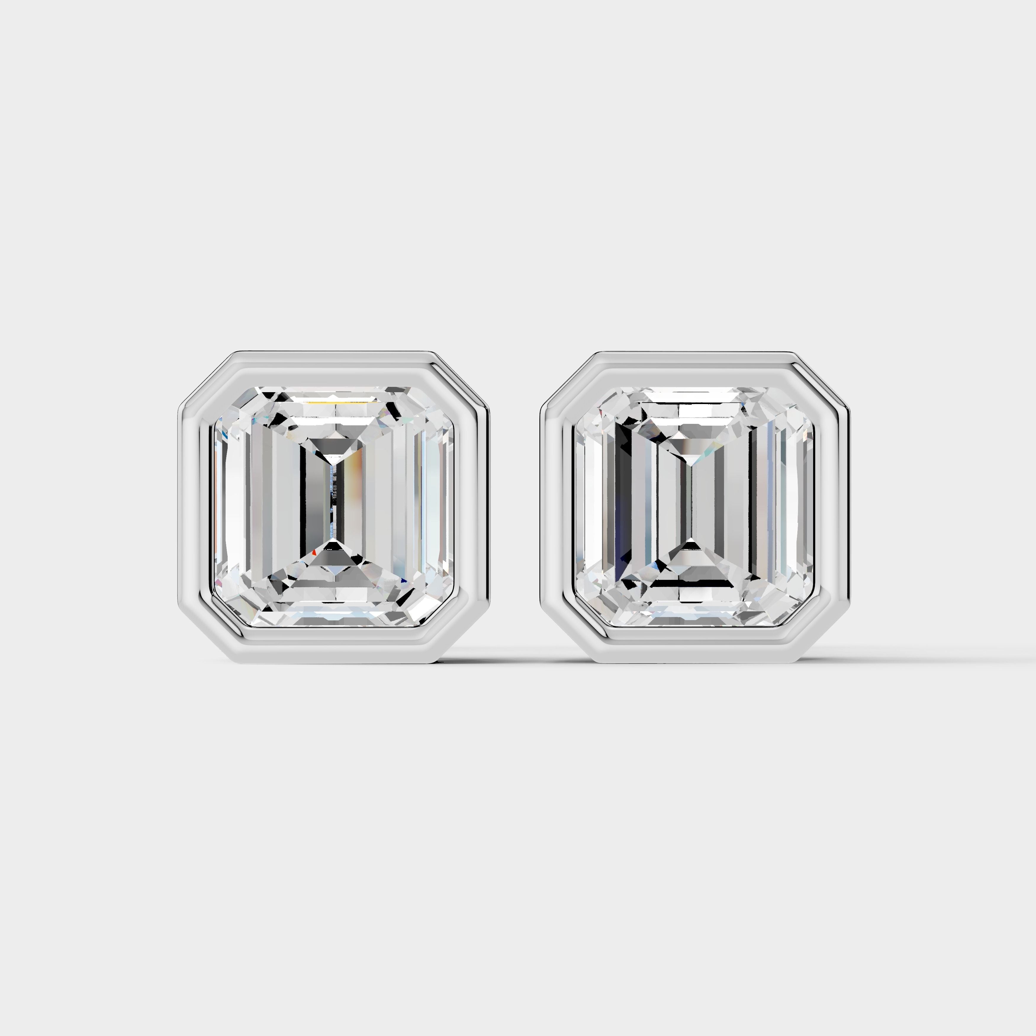 925 Sterling Silver Ascher Shaped Moissanite Diamond Bezel Setting Earring ( 1 Pair )