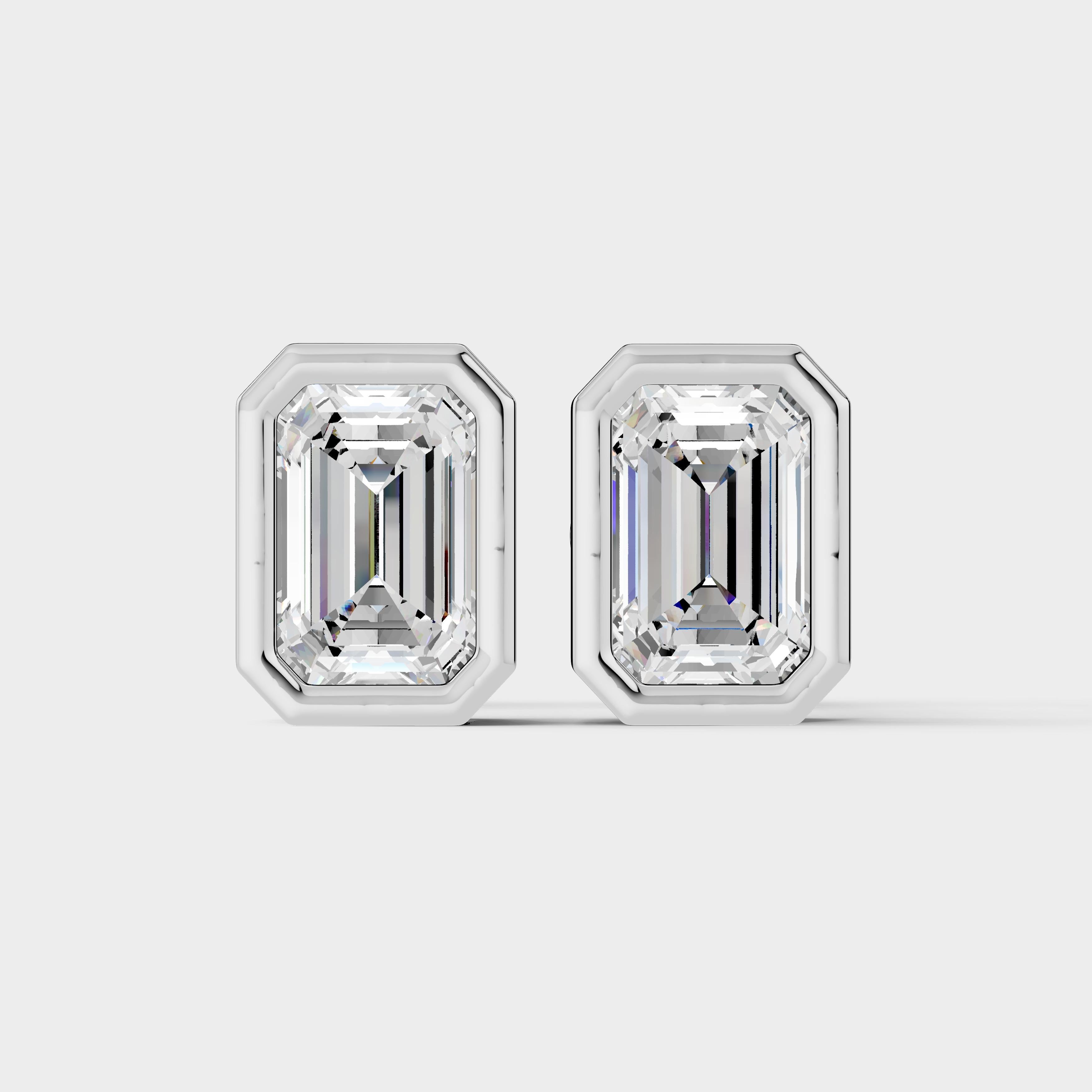 925 Sterling Silver Emerald Shaped Moissanite Diamond Bezel Setting Earring ( 1 Pair )