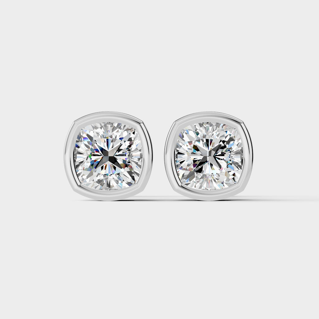 925 Sterling Silver Cushion Square Shaped Moissanite Diamond Bezel Setting Earring ( 1 Pair )