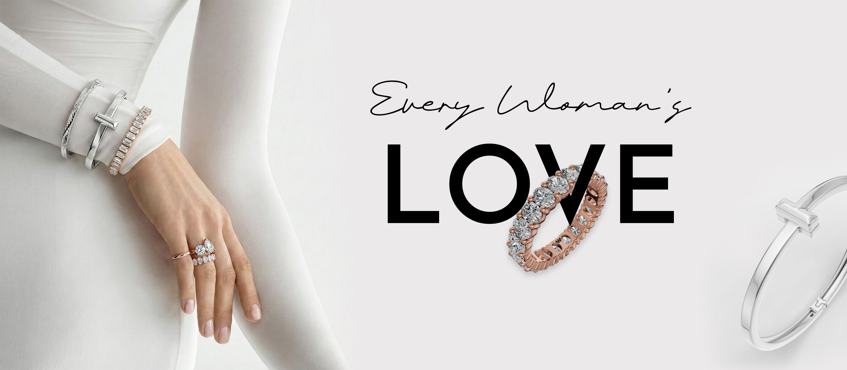 Jewelry with 'Every Woman's Love' text on a white background