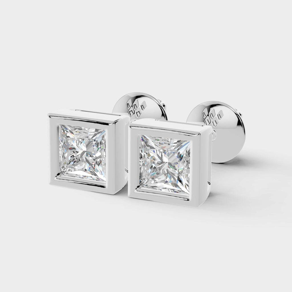Princess Shaped Bezel Setting Earring ( 1 Pair )
