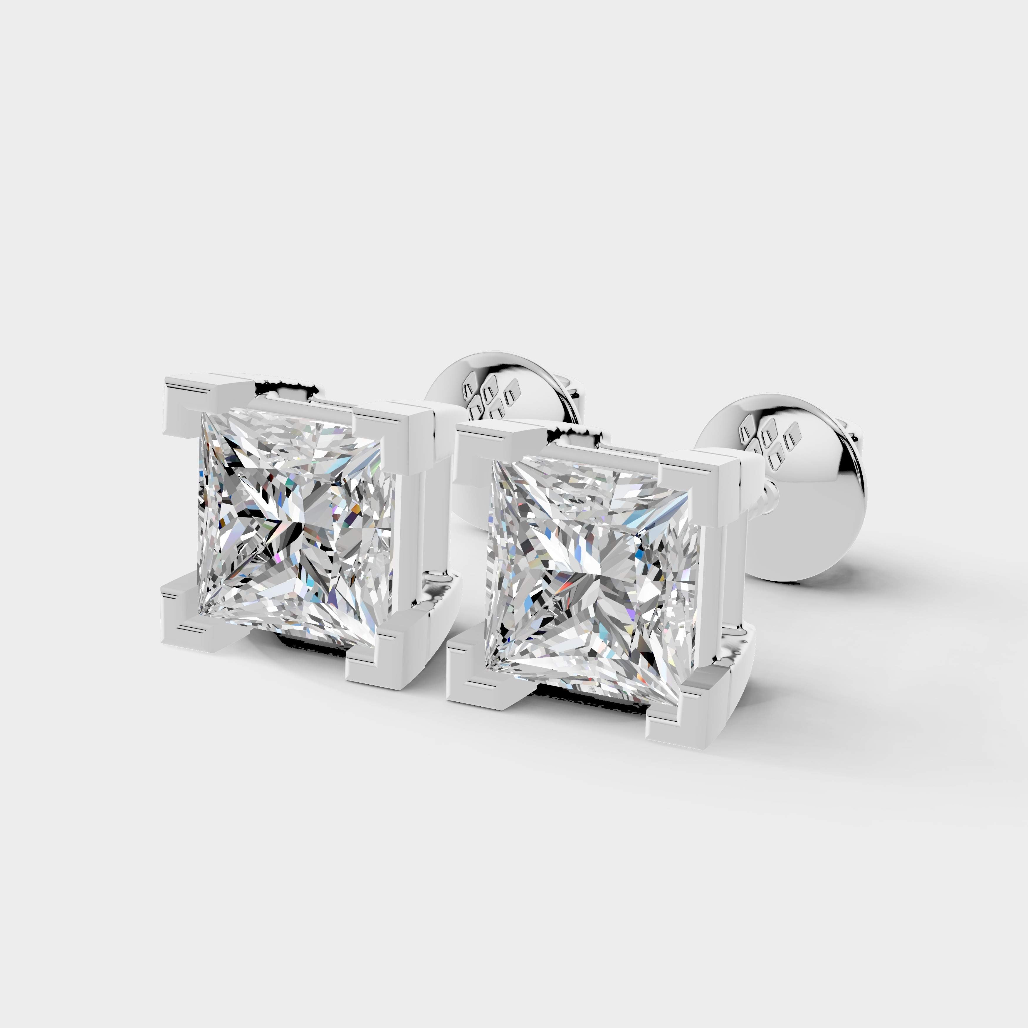 925 Sterling Silver Princess Shaped Moissanite Diamond Square Prong Setting Earring ( 1 Pair )