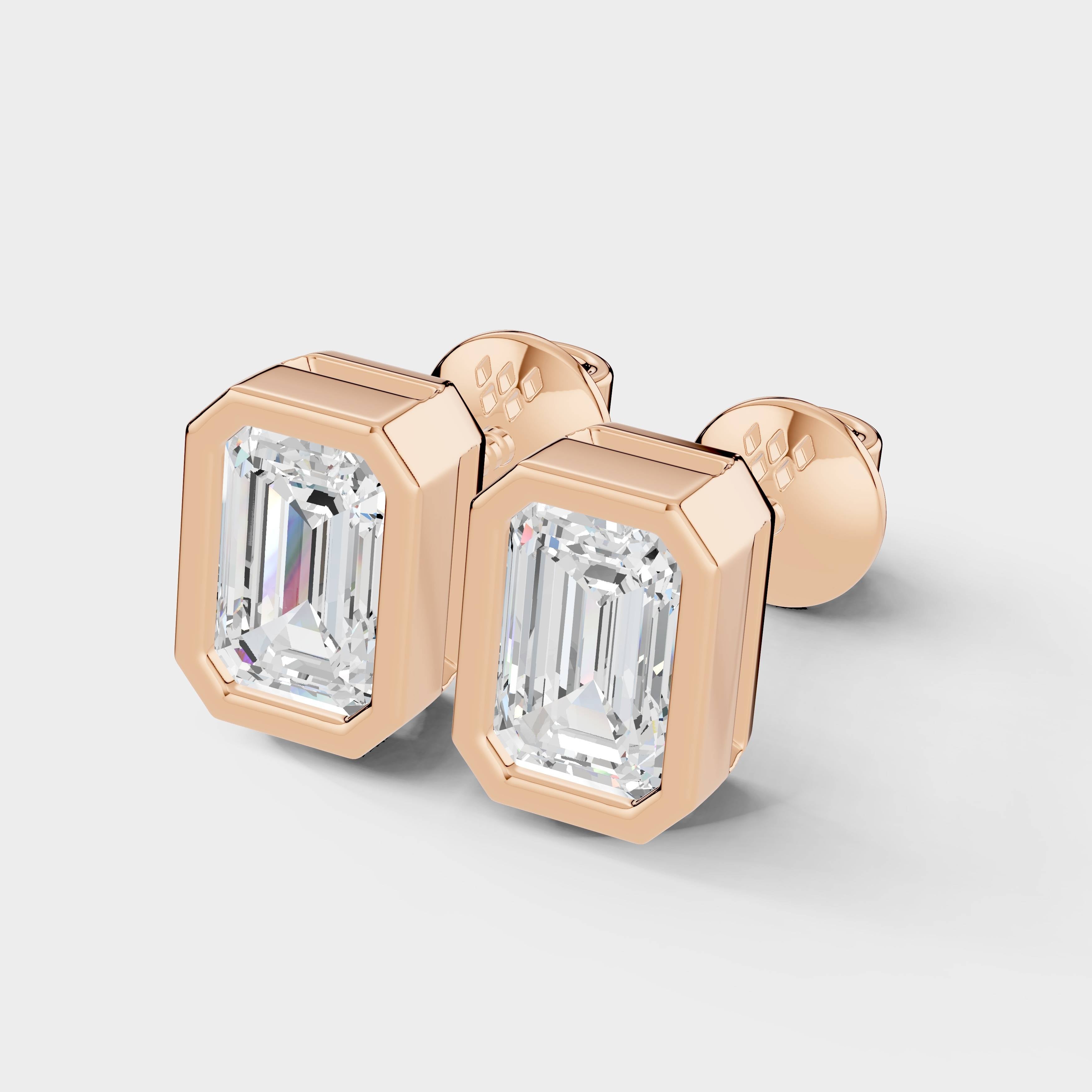 925 Sterling Silver Emerald Shaped Moissanite Diamond Bezel Setting Earring ( 1 Pair )