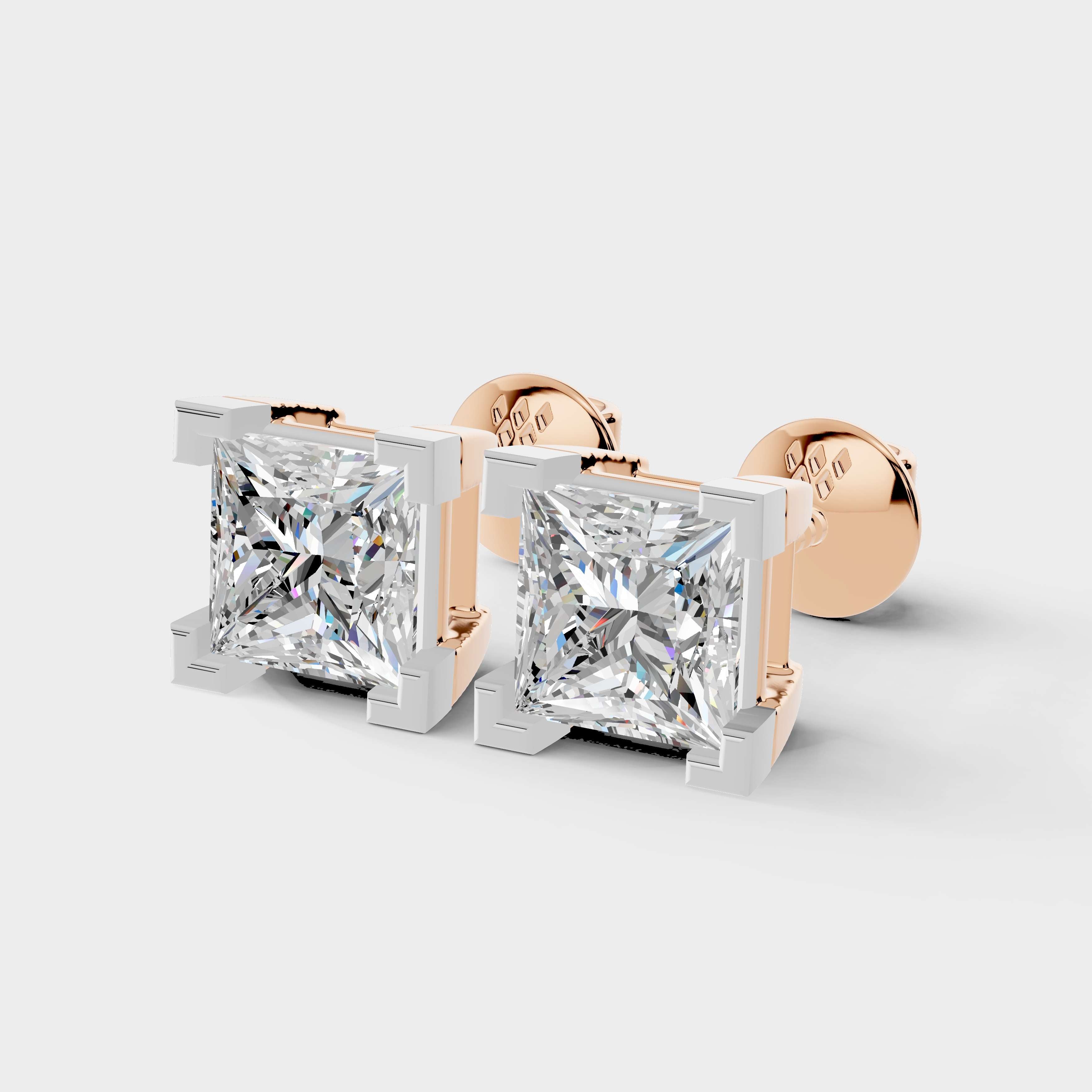 925 Sterling Silver Princess Shaped Moissanite Diamond Square Prong Setting Earring ( 1 Pair )