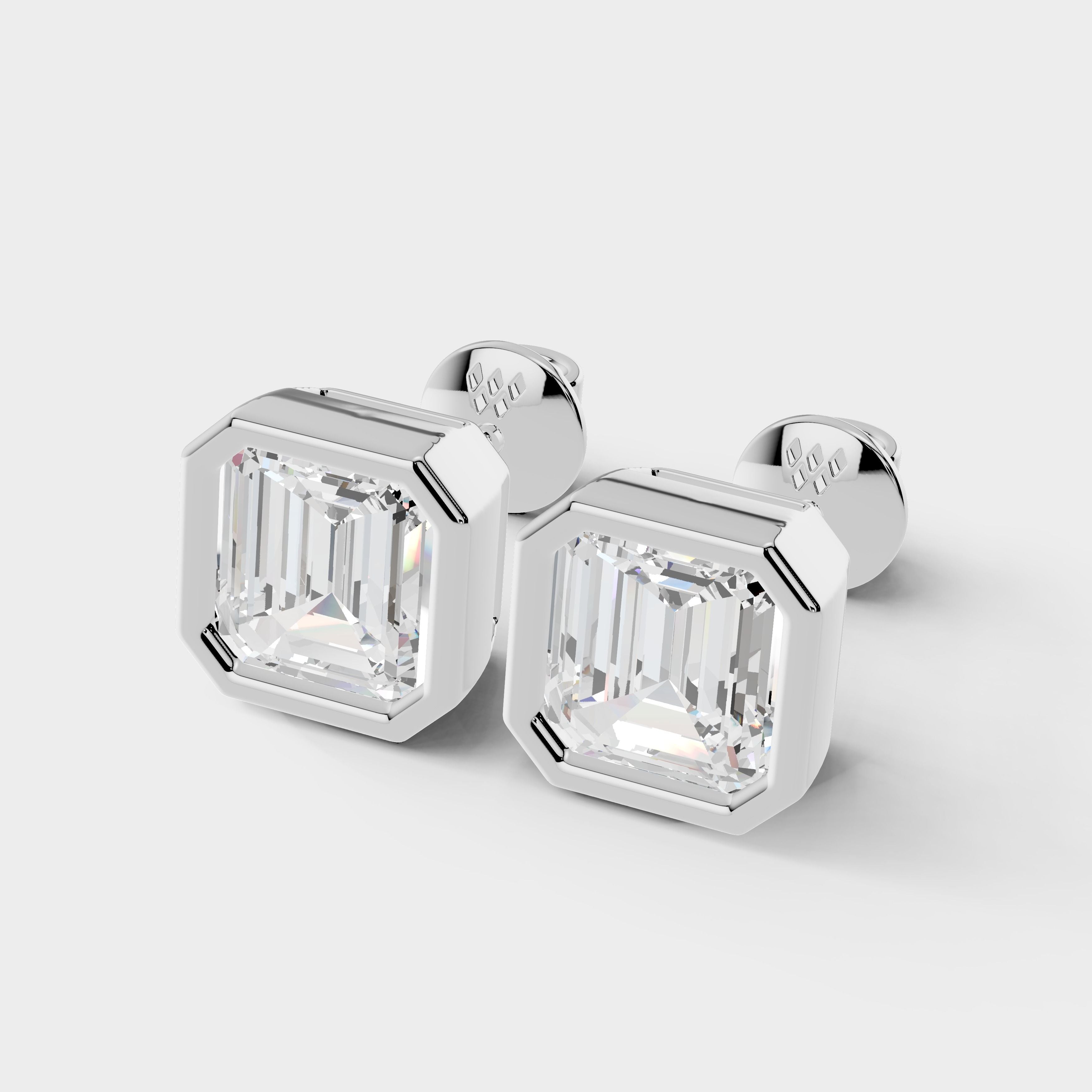 925 Sterling Silver Ascher Shaped Moissanite Diamond Bezel Setting Earring ( 1 Pair )