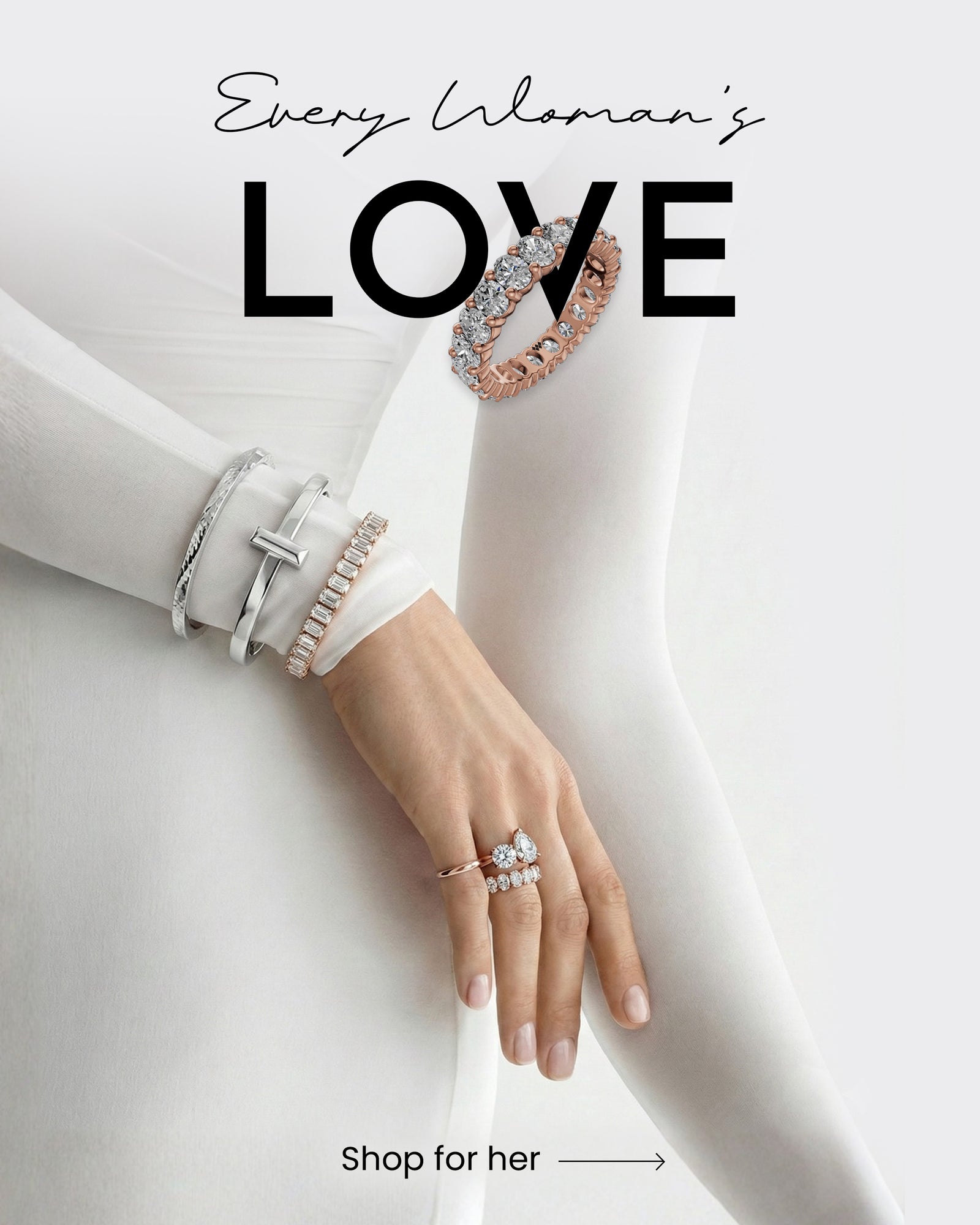Hand wearing jewelry with 'Every Woman's Love' text and a call to action on a white background
