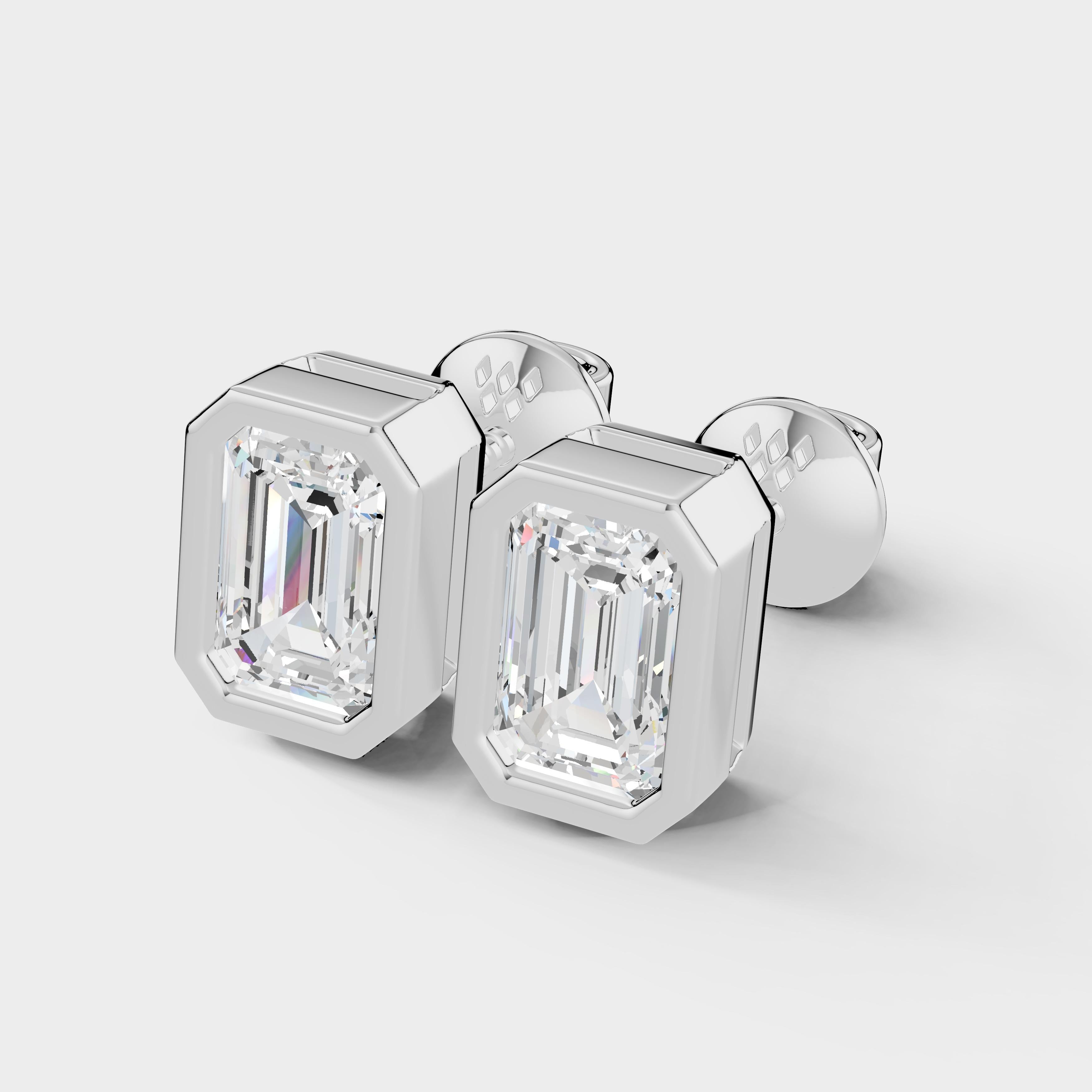 925 Sterling Silver Emerald Shaped Moissanite Diamond Bezel Setting Earring ( 1 Pair )