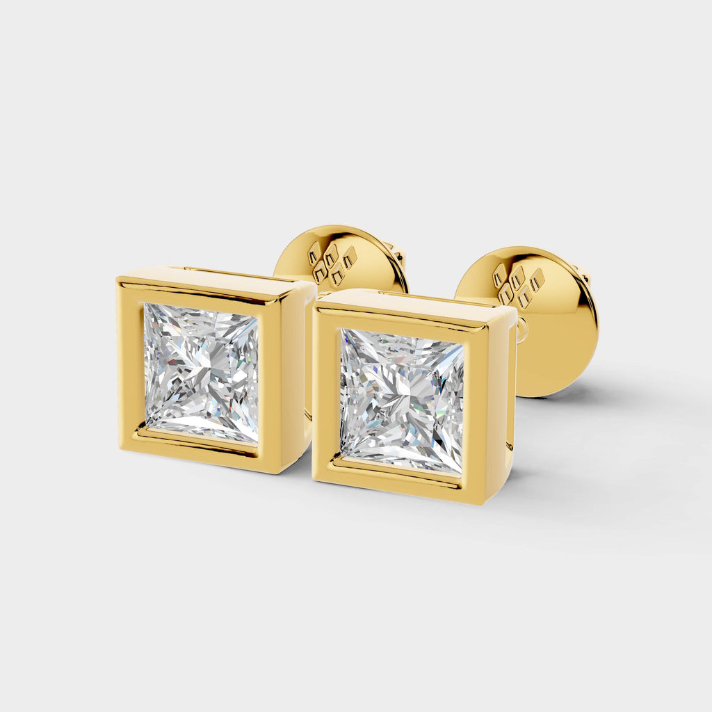 Princess Shaped Bezel Setting Earring ( 1 Pair )