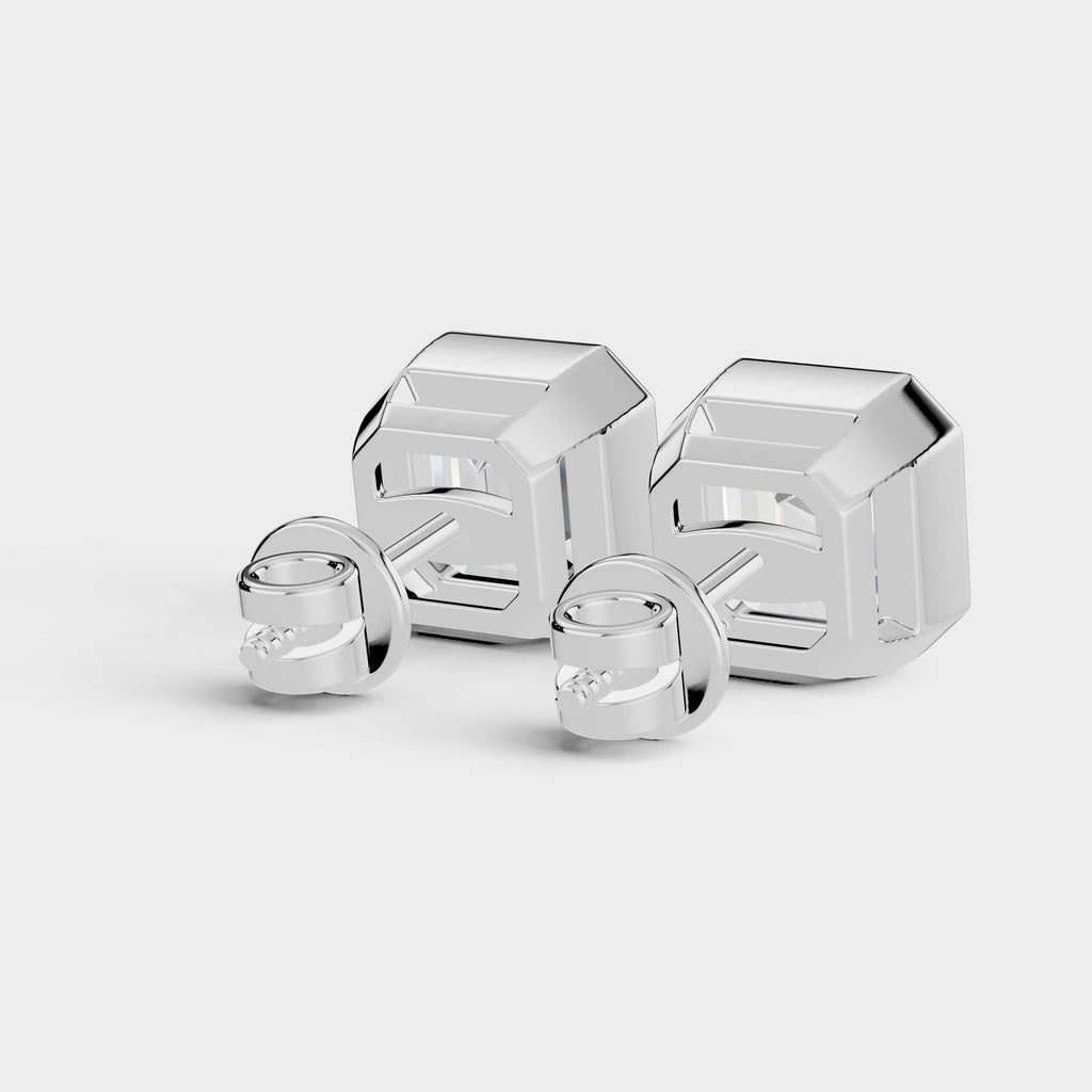 925 Sterling Silver Ascher Shaped Moissanite Diamond Bezel Setting Earring ( 1 Pair )