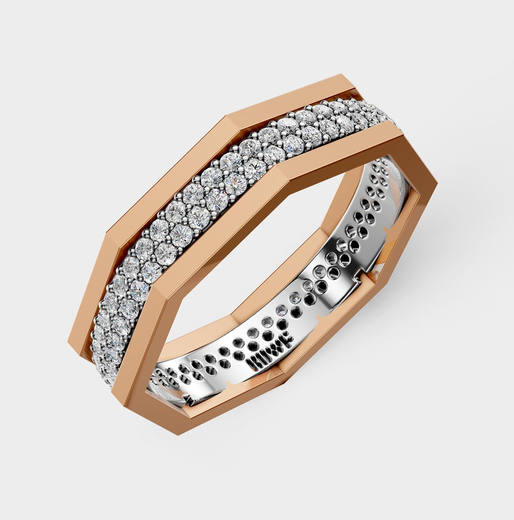 Solid Gold And 925 Sterling Silver Gold Moissanite Diamond Hexagon Shape Double Band Ring