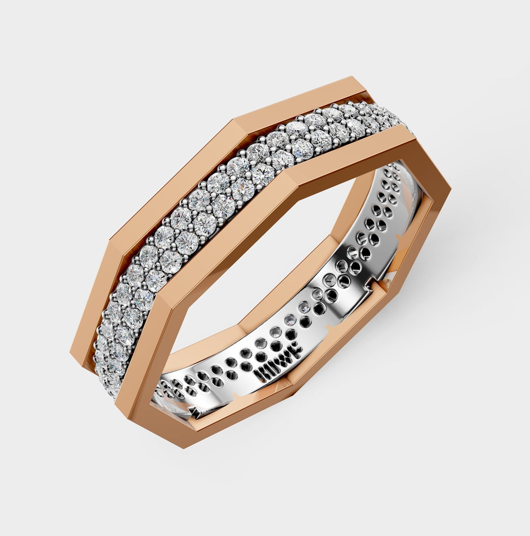 Solid Gold And 925 Sterling Silver Gold Moissanite Diamond Hexagon Shape Double Band Ring