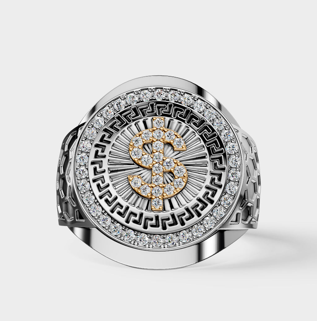 Solid Gold  And 925 Sterling Silver Gold Moissanite Diamond Bulky Dollar Ring