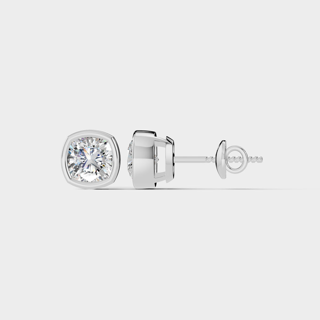 925 Sterling Silver Cushion Square Shaped Moissanite Diamond Bezel Setting Earring ( 1 Pair )