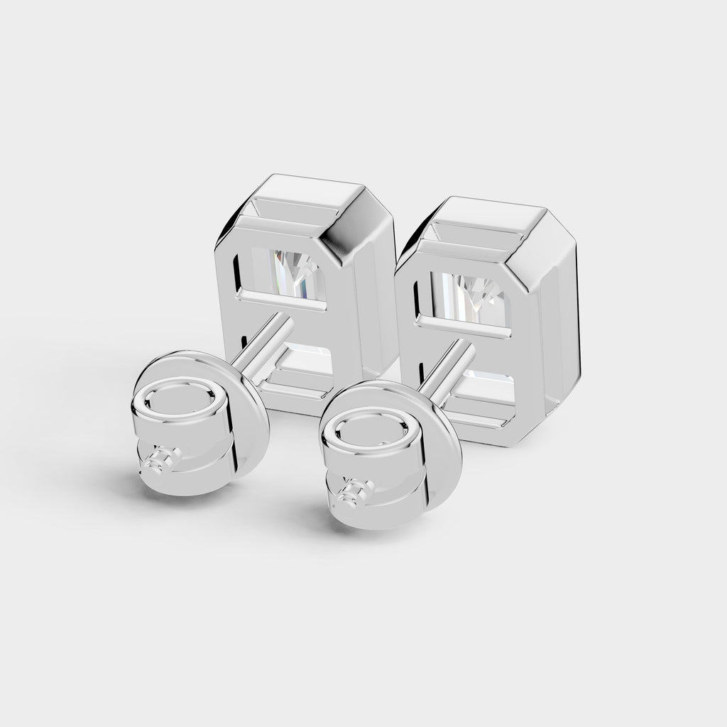 925 Sterling Silver Emerald Shaped Moissanite Diamond Bezel Setting Earring ( 1 Pair )