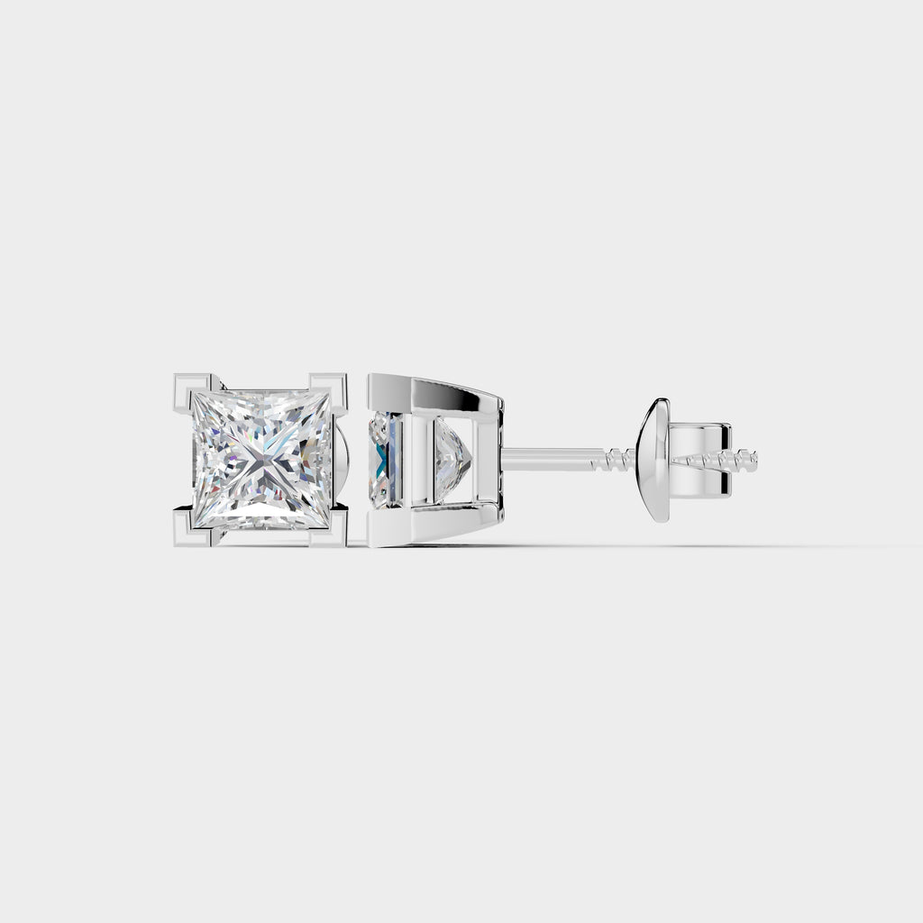 925 Sterling Silver Princess Shaped Moissanite Diamond Square Prong Setting Earring ( 1 Pair )