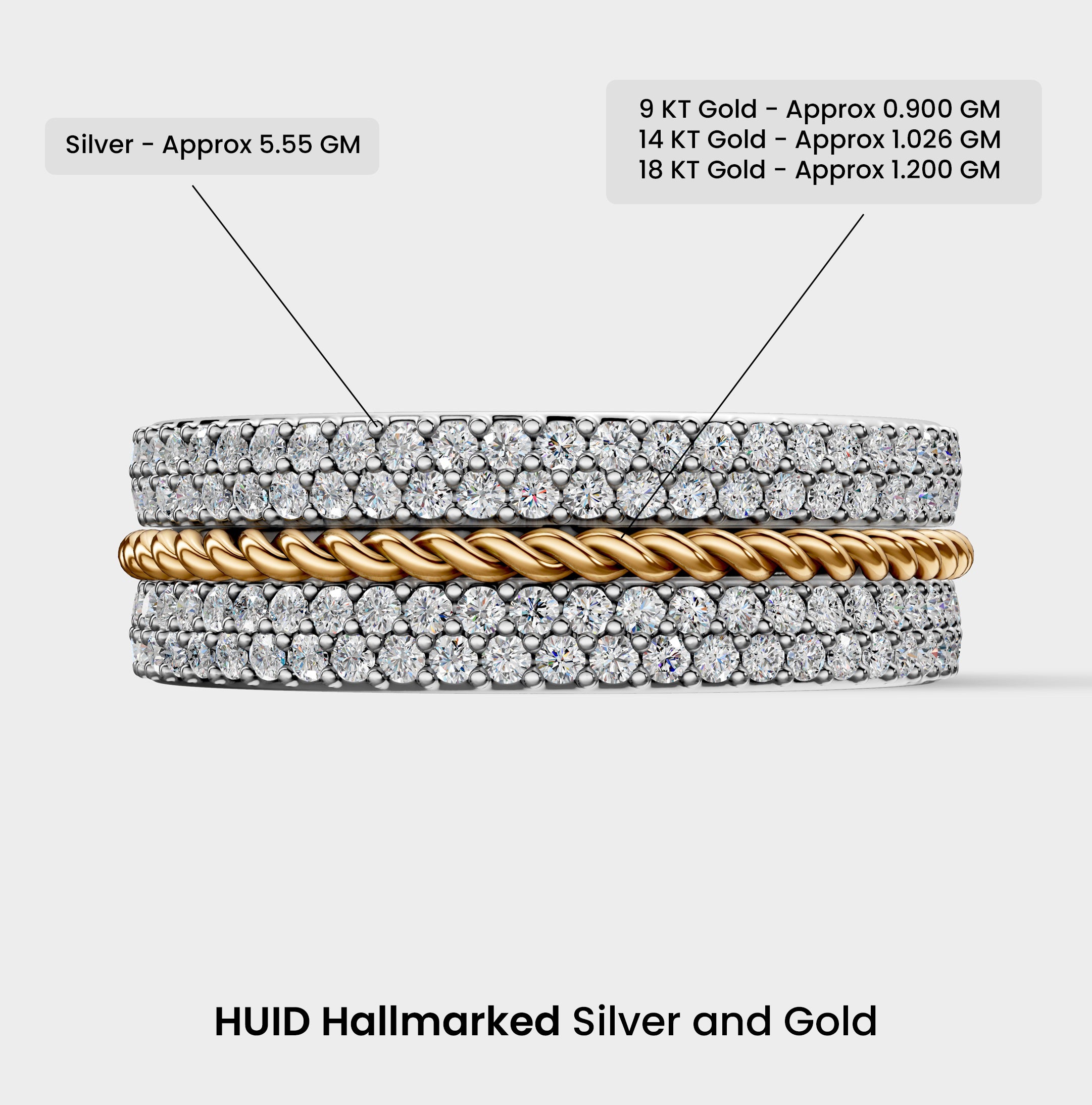 Solid Gold And 925 Sterling Silver Gold Moissanite Diamond Rope Shape Band  Ring