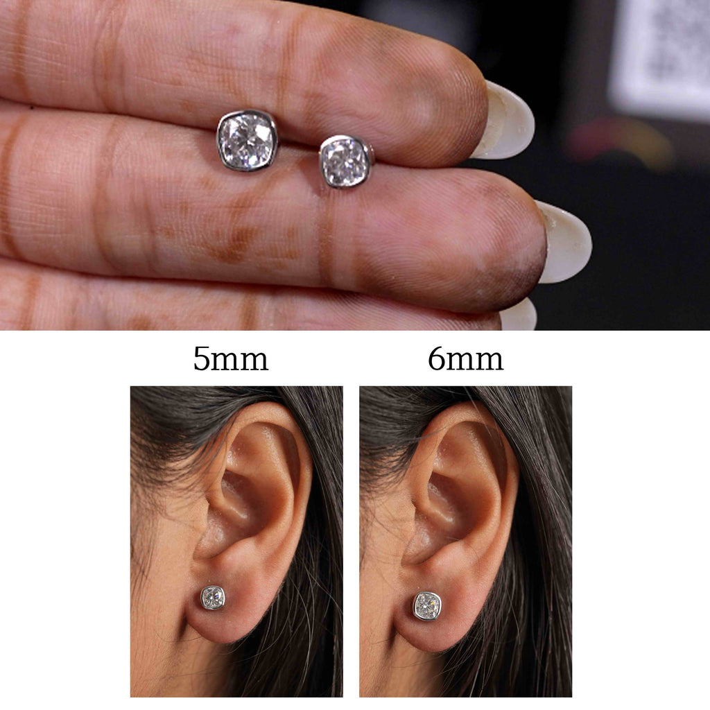 925 Sterling Silver Cushion Square Shaped Moissanite Diamond Bezel Setting Earring ( 1 Pair )