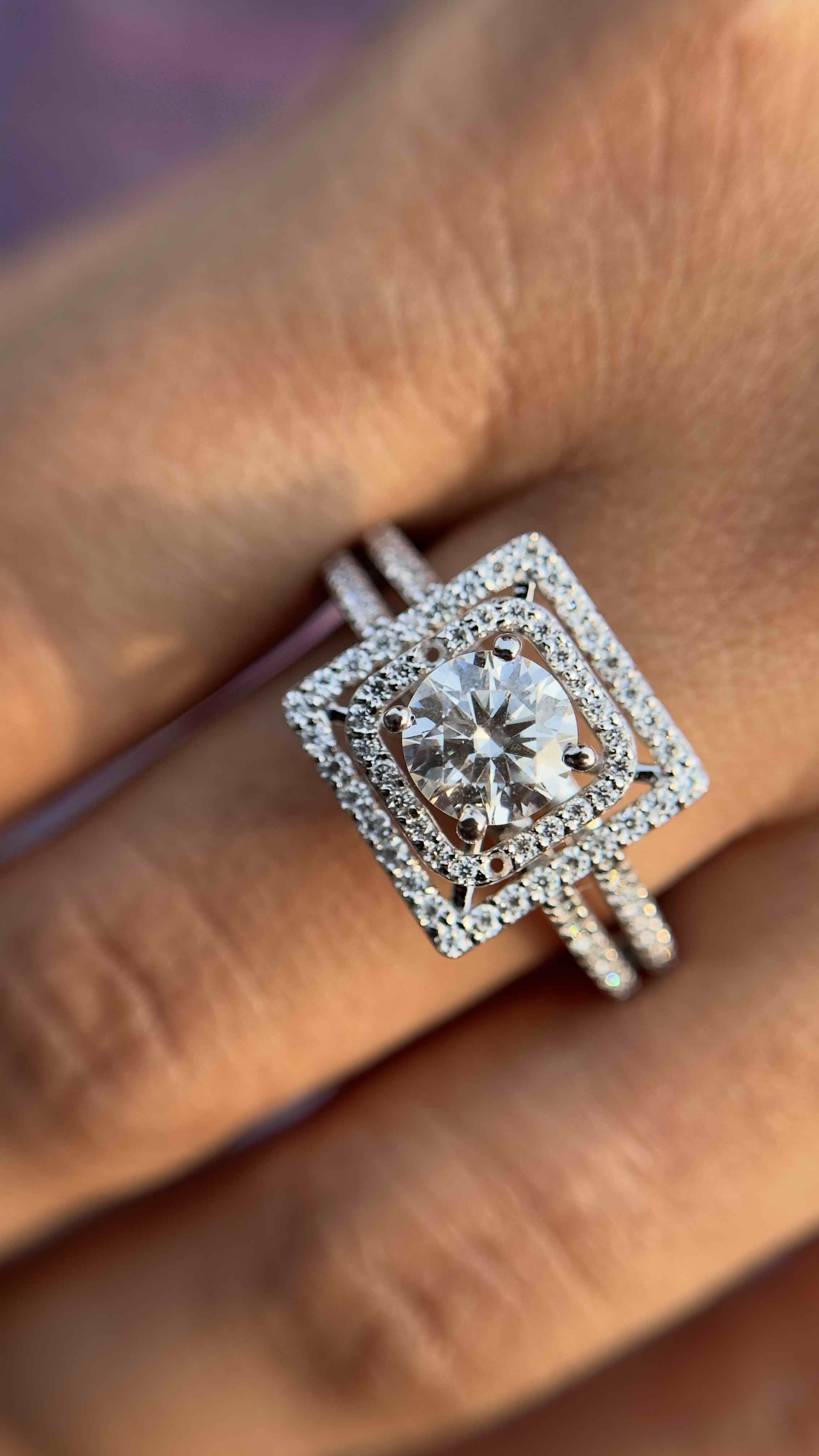 925 Sterling Silver Square Halo Moissanite Diamond Ring