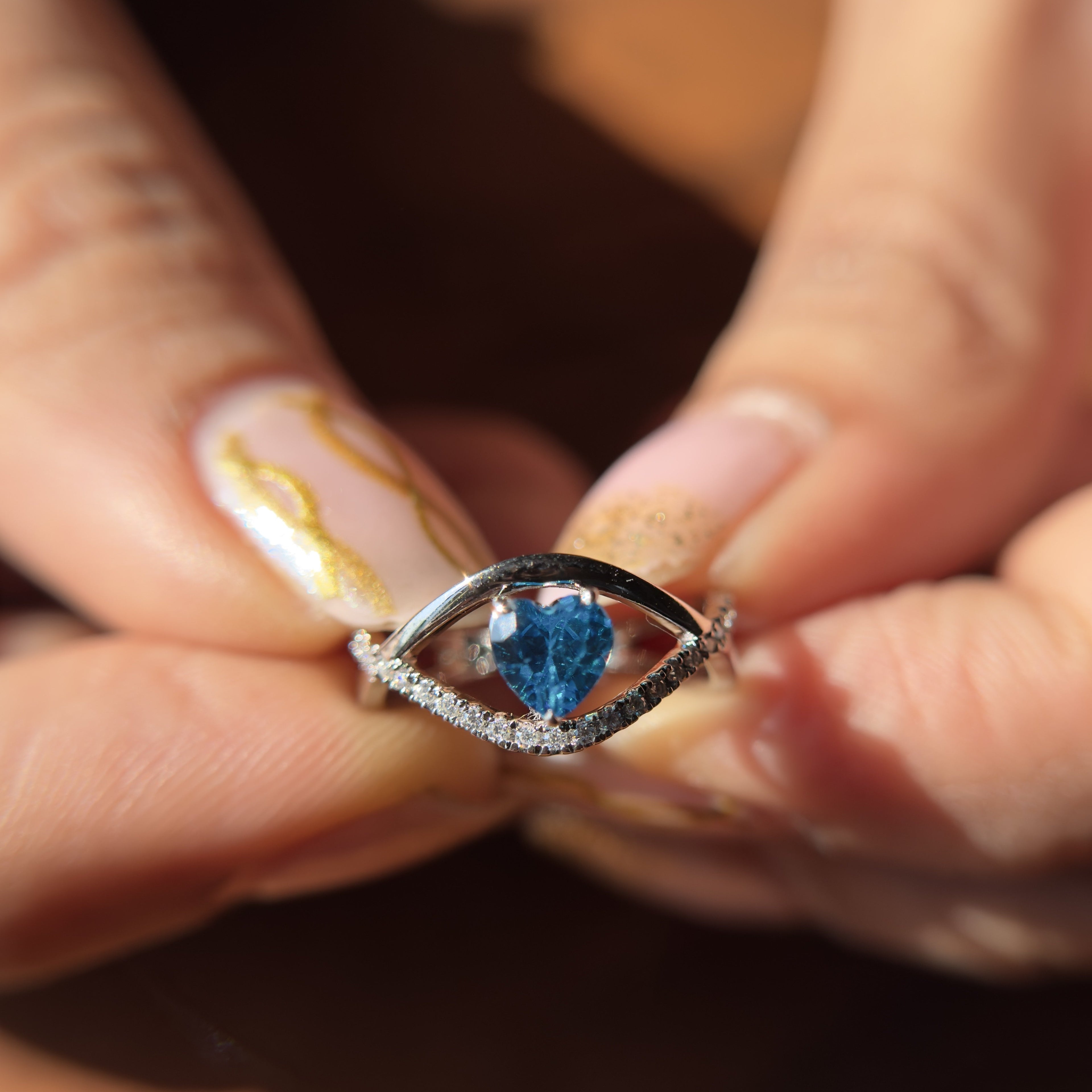 925 Sterling Silver Blue Heart Moissanite Diamond Ring