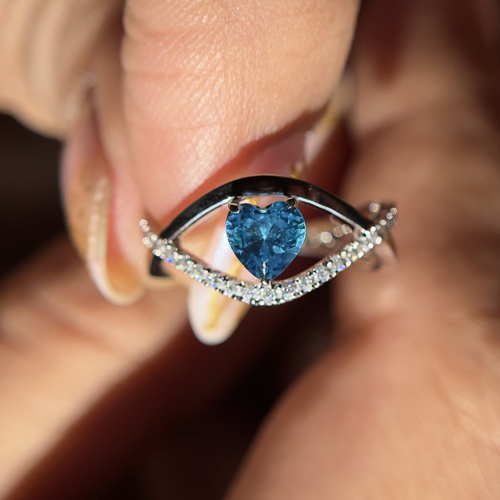 925 Sterling Silver Blue Heart Moissanite Diamond Ring