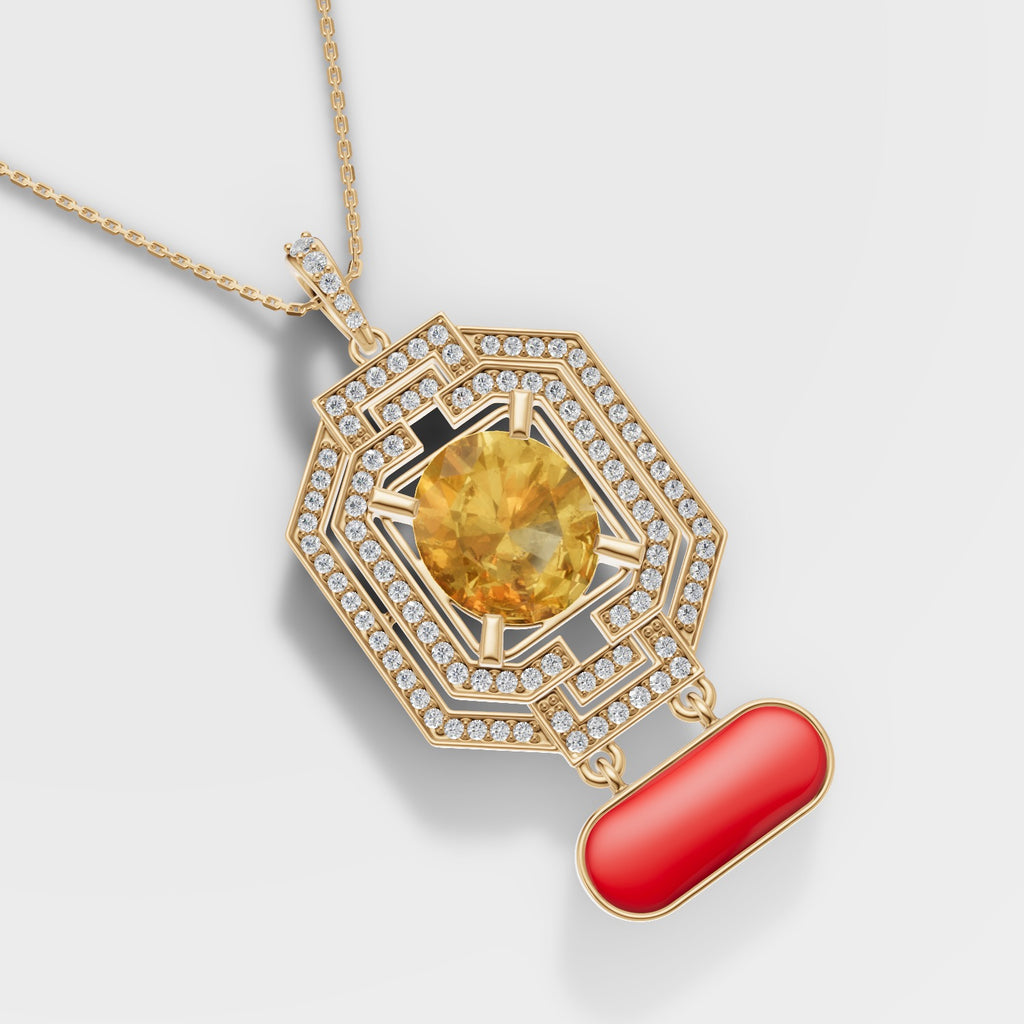 925 Sterling Silver Astrological Pendant with Moissanite Diamond, Yellow Sapphire (Pukhraj) & Red Coral (Moonga)