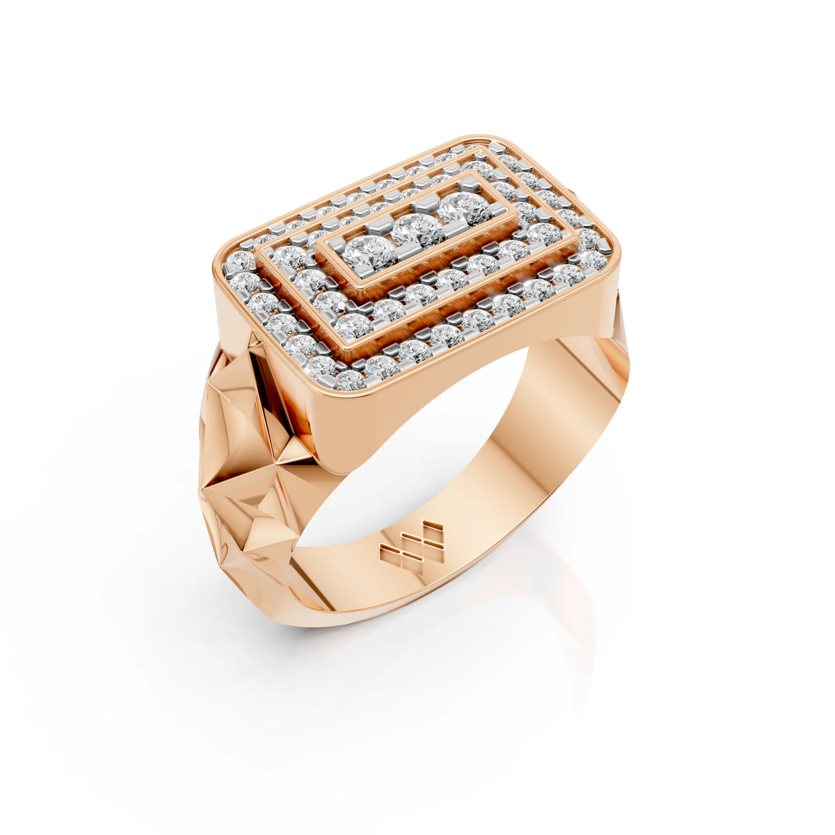 Men's Rectangular Triple-Frame Pave Ring with Three Stone Centre & Faceted Shank