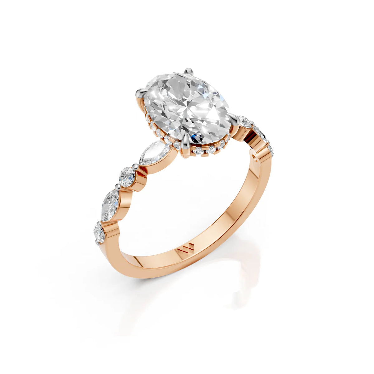 Elegant Oval Cut Moissanite Ring with Marquise &amp; Round Side Stones