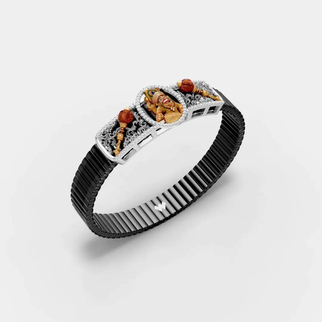 925 Silver Kashtbhanjan Hanumanji Rudraksh Bracelet with Moissanite Diamond