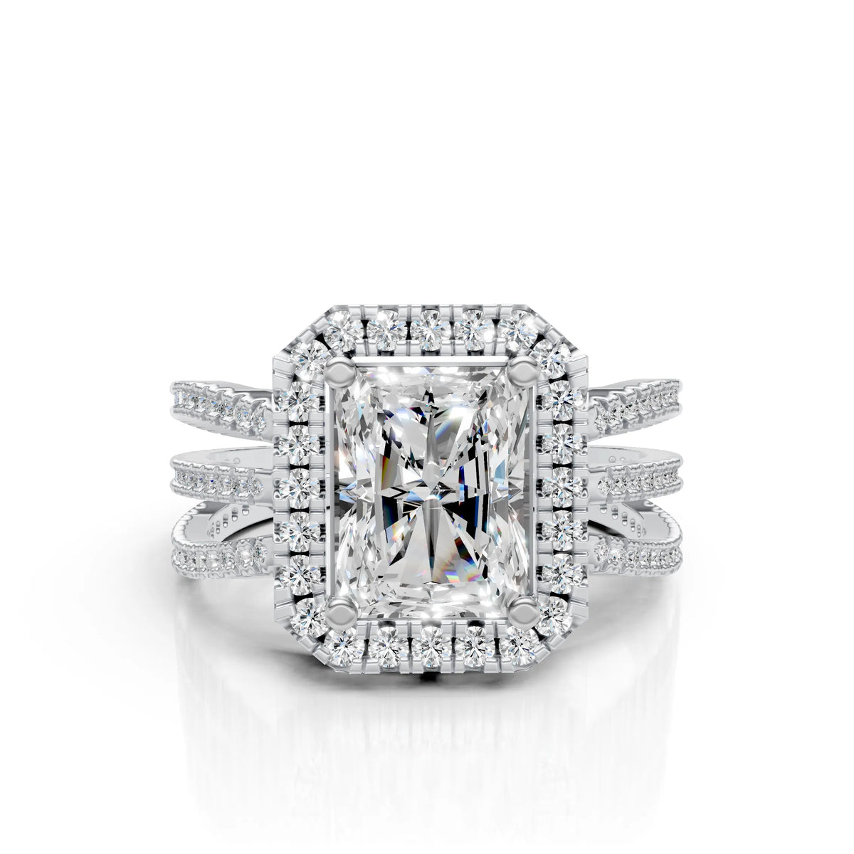 Radiant-Cut Halo Ring with Triple Band Design