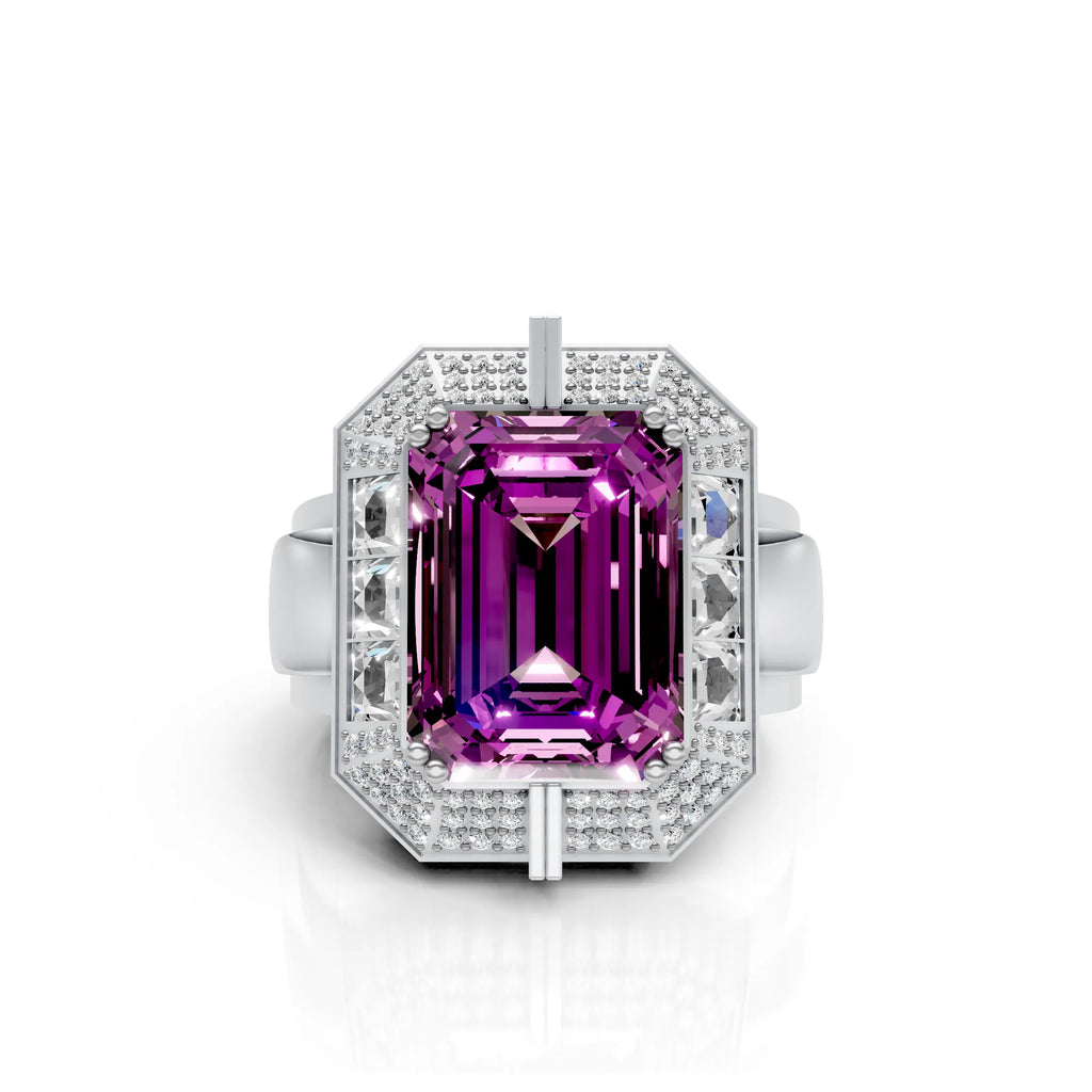 Regal Emerald-Cut Purple Stone Halo Ring