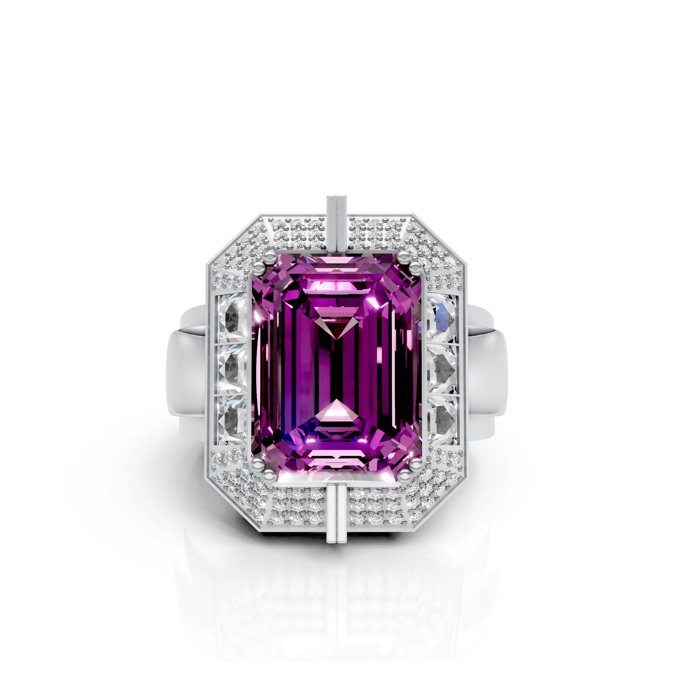 Regal Emerald-Cut Purple Stone Halo Ring