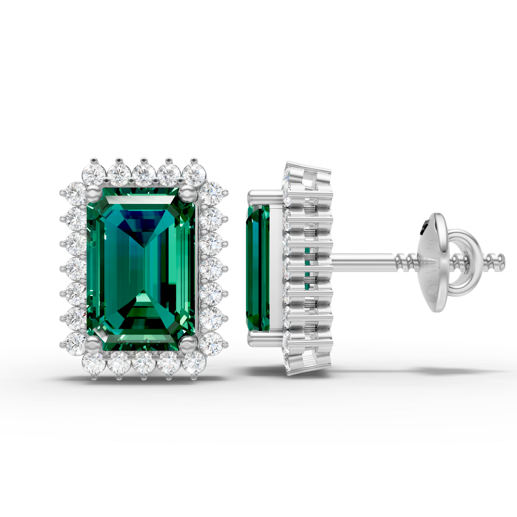 Emerald Cut Green Halo Earring  (1 Pair)