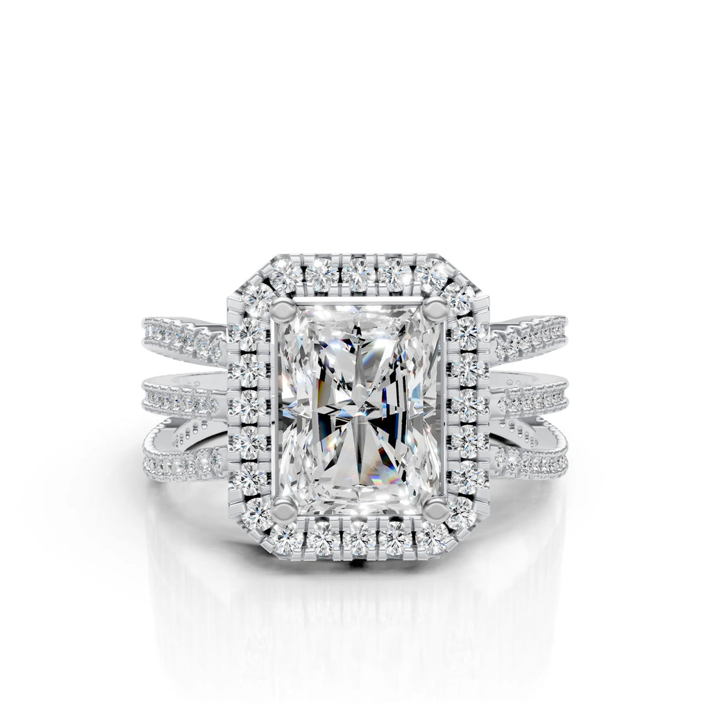 Radiant-Cut Halo Ring with Triple Band Design