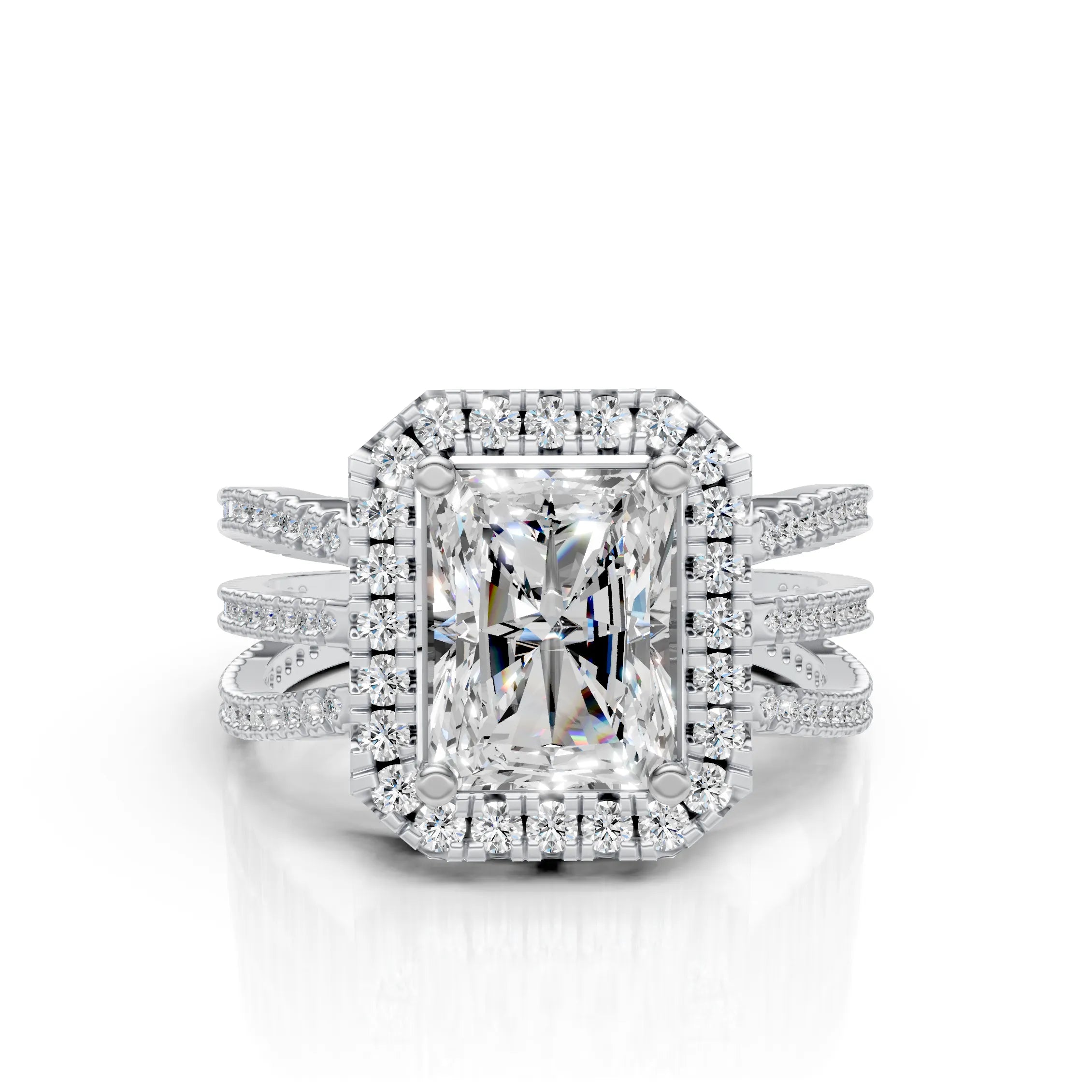 Radiant-Cut Halo Ring with Triple Band Design