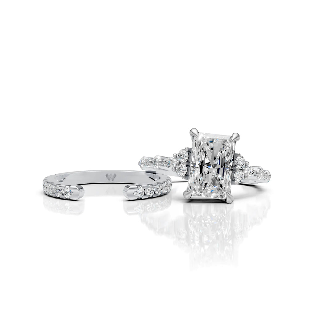 Radiant Cut Diamond Bridal Ring Set with Double Diamond Bands