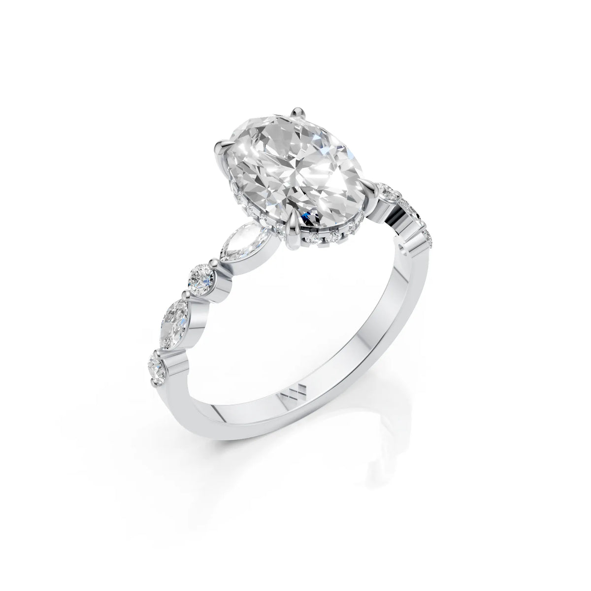 Elegant Oval Cut Moissanite Ring with Marquise &amp; Round Side Stones