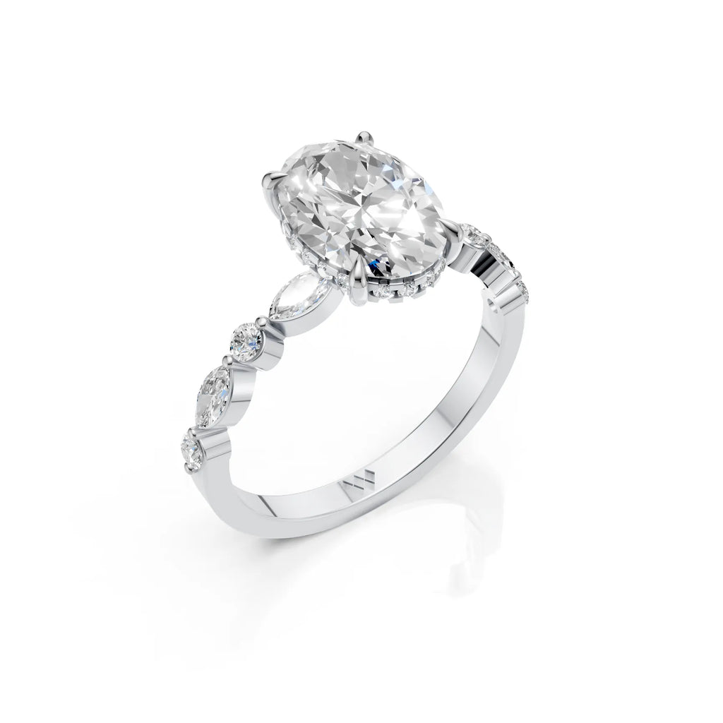 Elegant Oval Cut Moissanite Ring with Marquise &amp; Round Side Stones