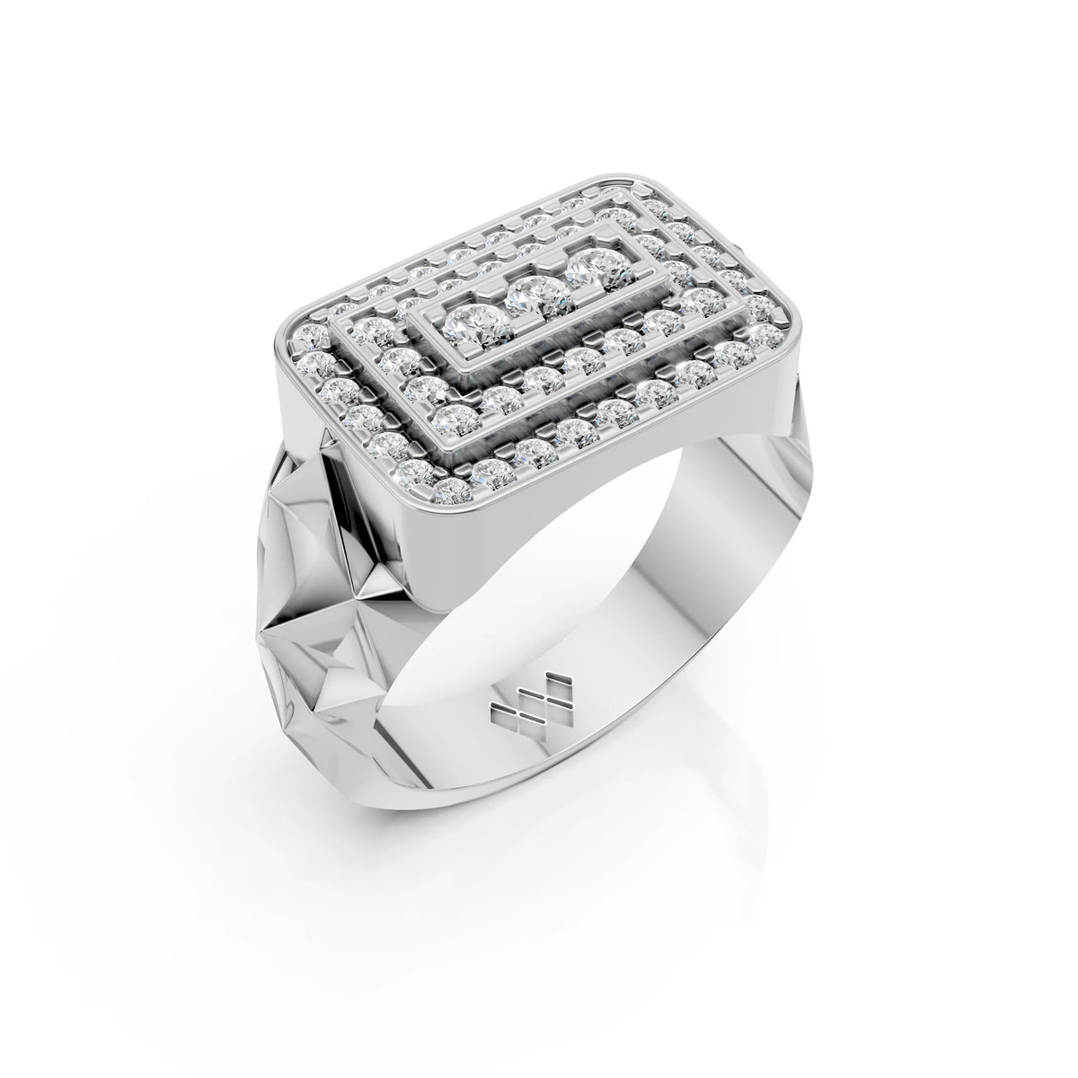 Men's Rectangular Triple-Frame Pave Ring with Three Stone Centre & Faceted Shank