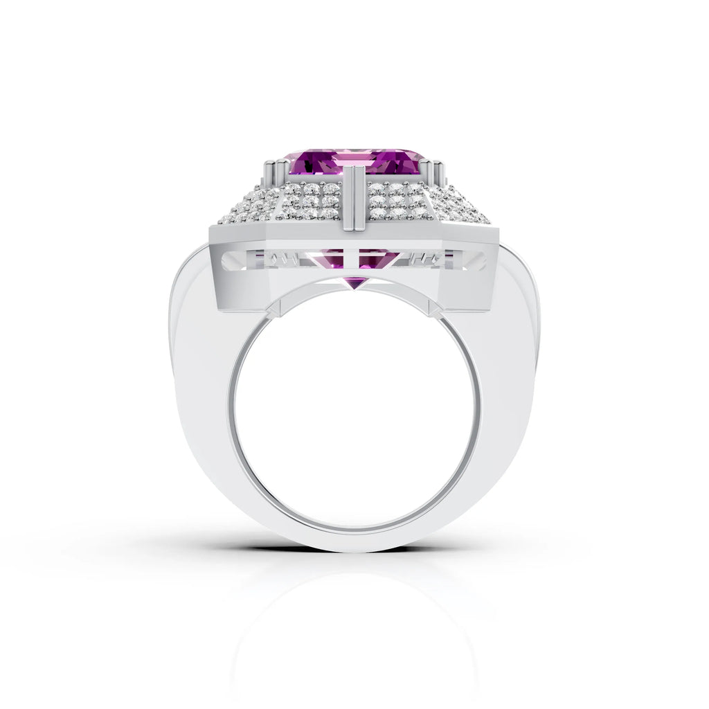 Regal Emerald-Cut Purple Stone Halo Ring