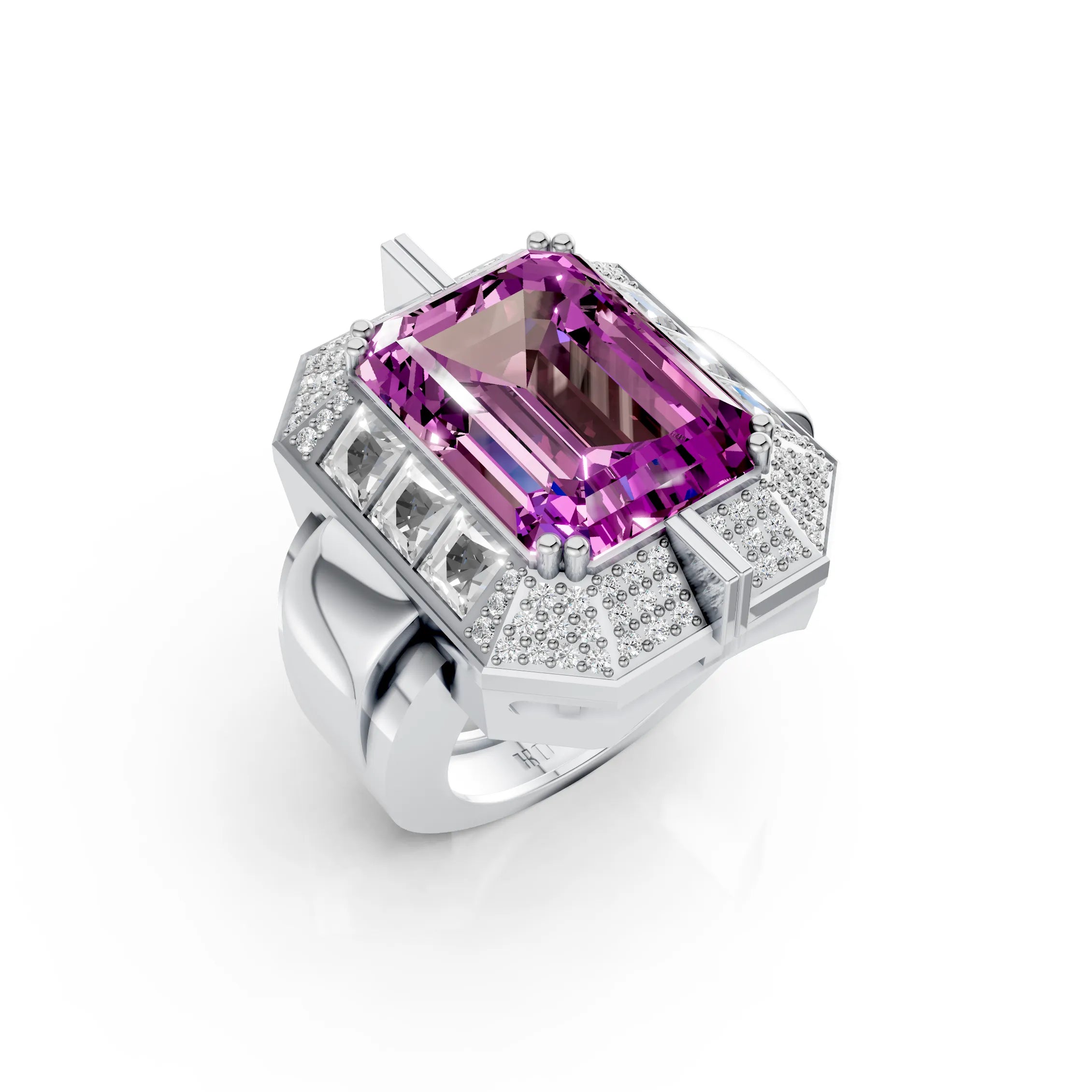 Regal Emerald-Cut Purple Stone Halo Ring