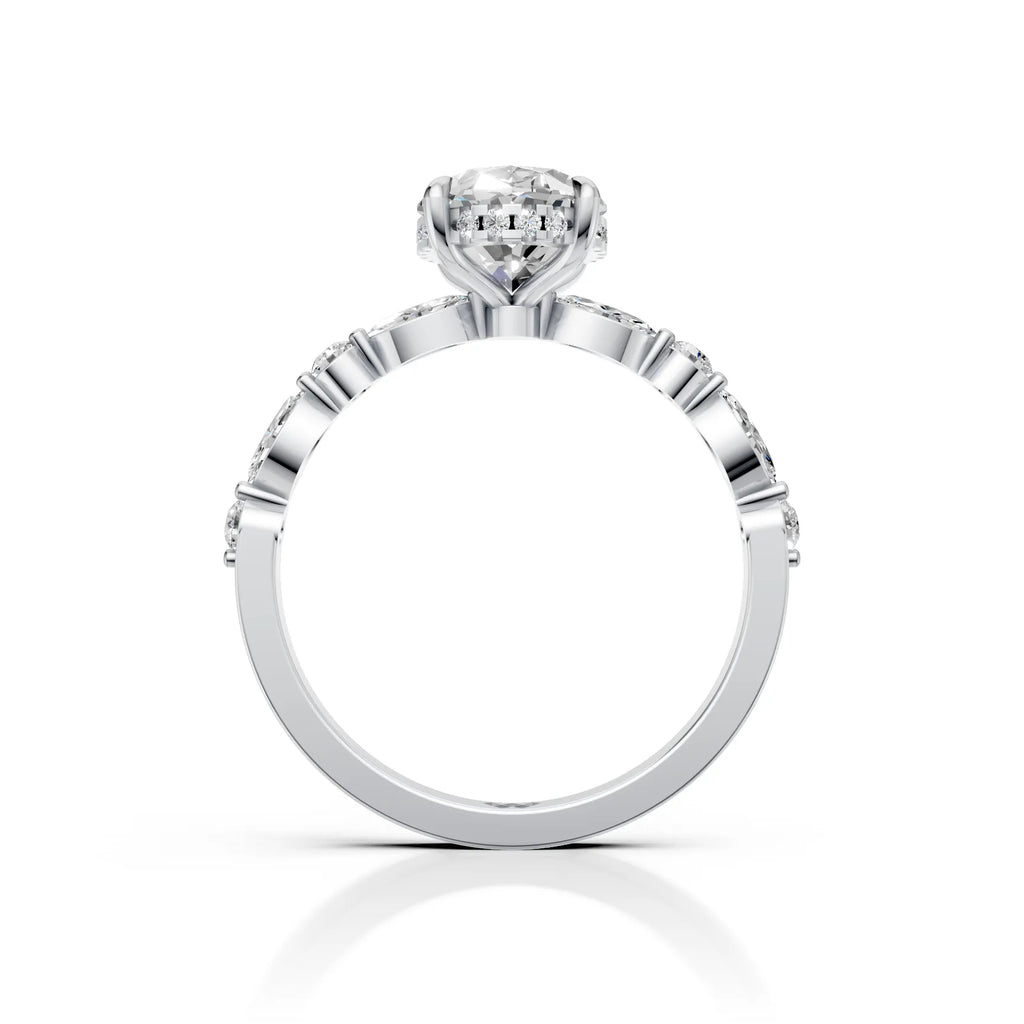Elegant Oval Cut Moissanite Ring with Marquise &amp; Round Side Stones