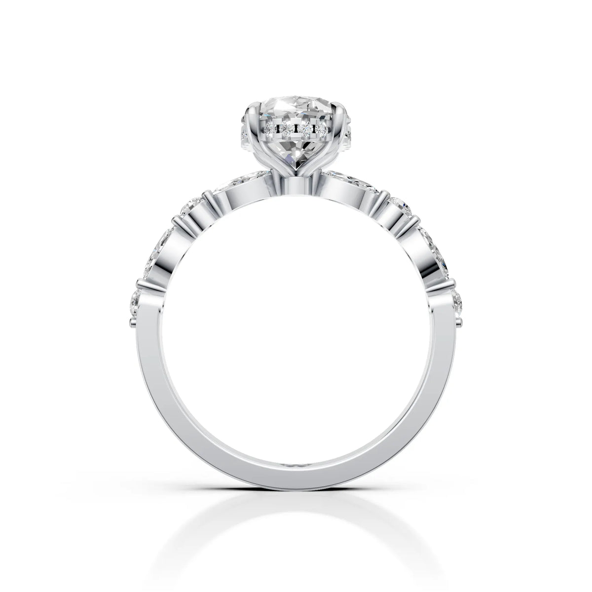 Elegant Oval Cut Moissanite Ring with Marquise &amp; Round Side Stones