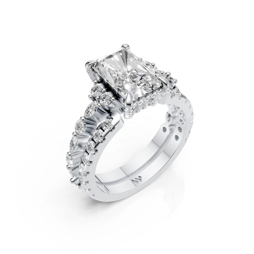 Radiant Cut Diamond Bridal Ring Set with Double Diamond Bands