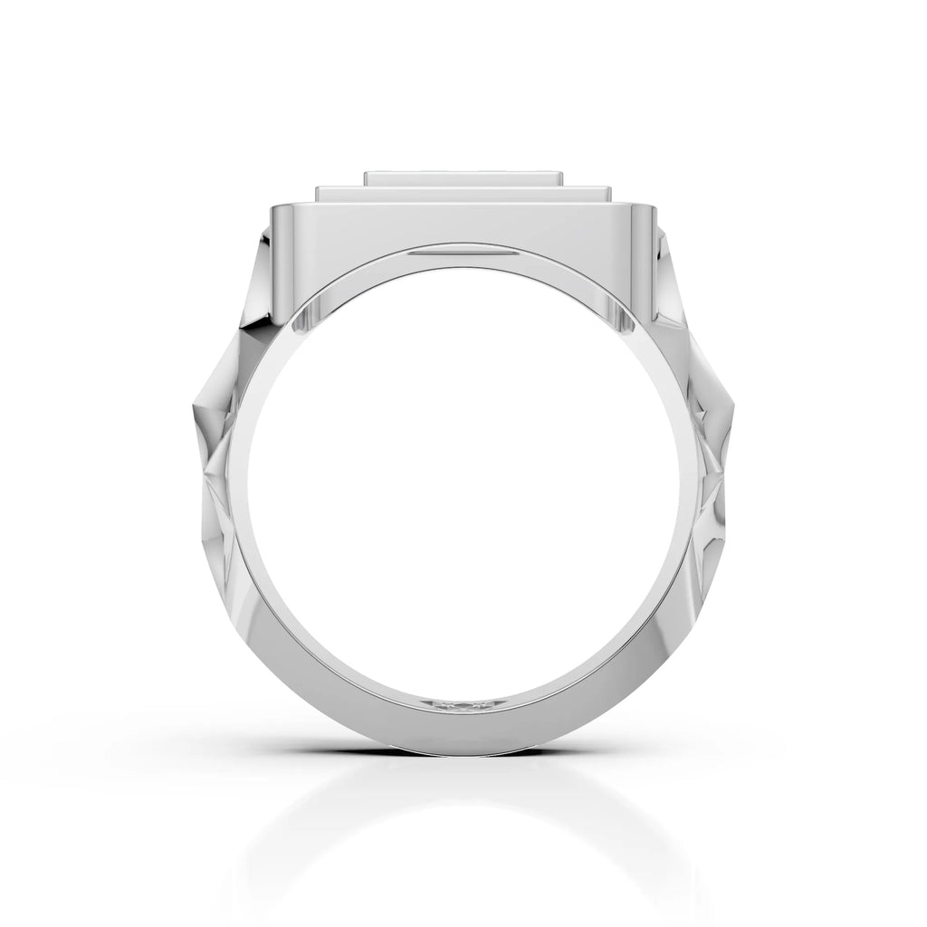 Men's Rectangular Triple-Frame Pave Ring with Three Stone Centre & Faceted Shank