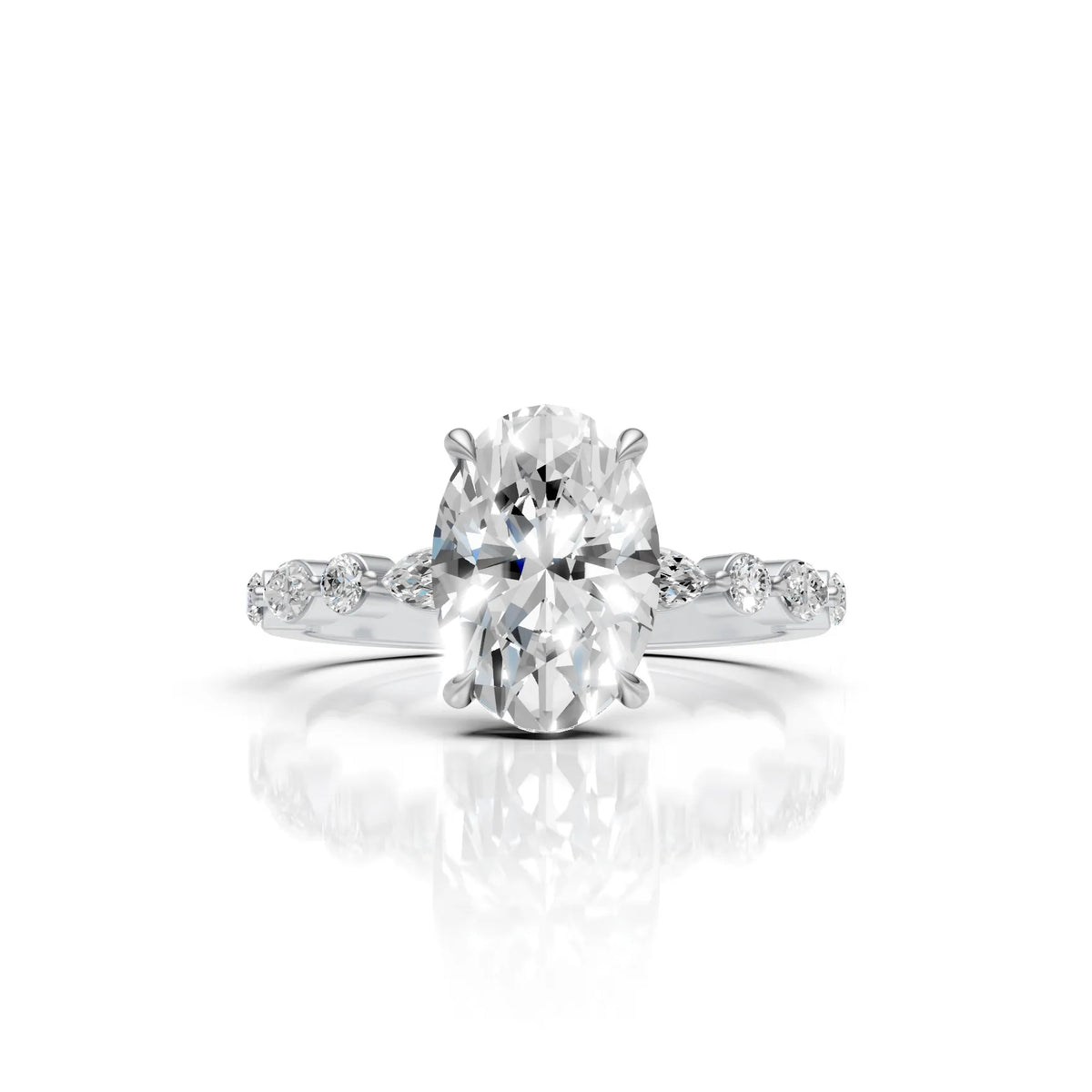 Elegant Oval Cut Moissanite Ring with Marquise &amp; Round Side Stones